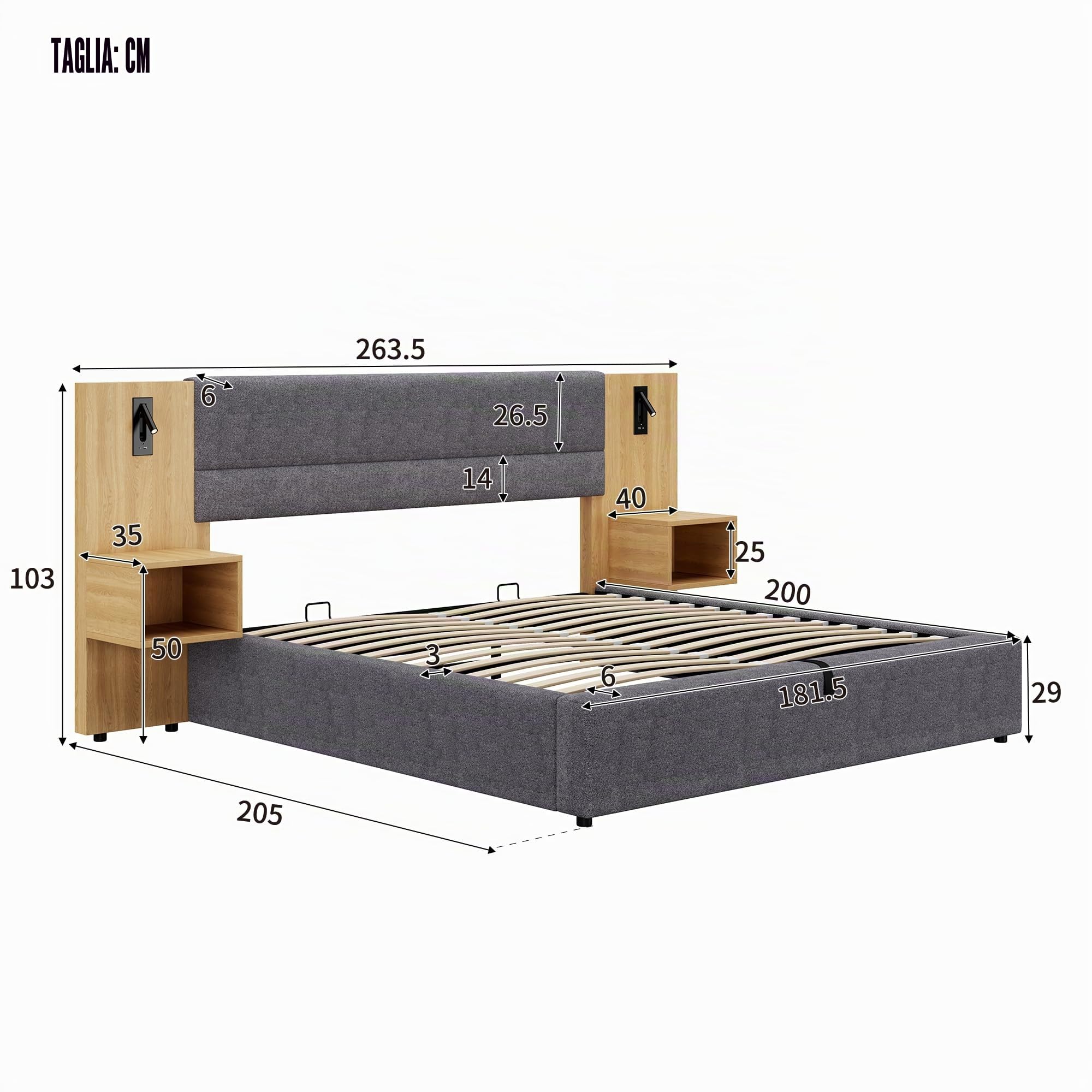 Letto Matrimoniale con Contenitore 180x200 cm con LED e USB, Letto una piazza e mezza con Testiera, Letto Contenitore con rete a doghe, Struttura Letto Matrimoniale,con illuminazione e due comodini