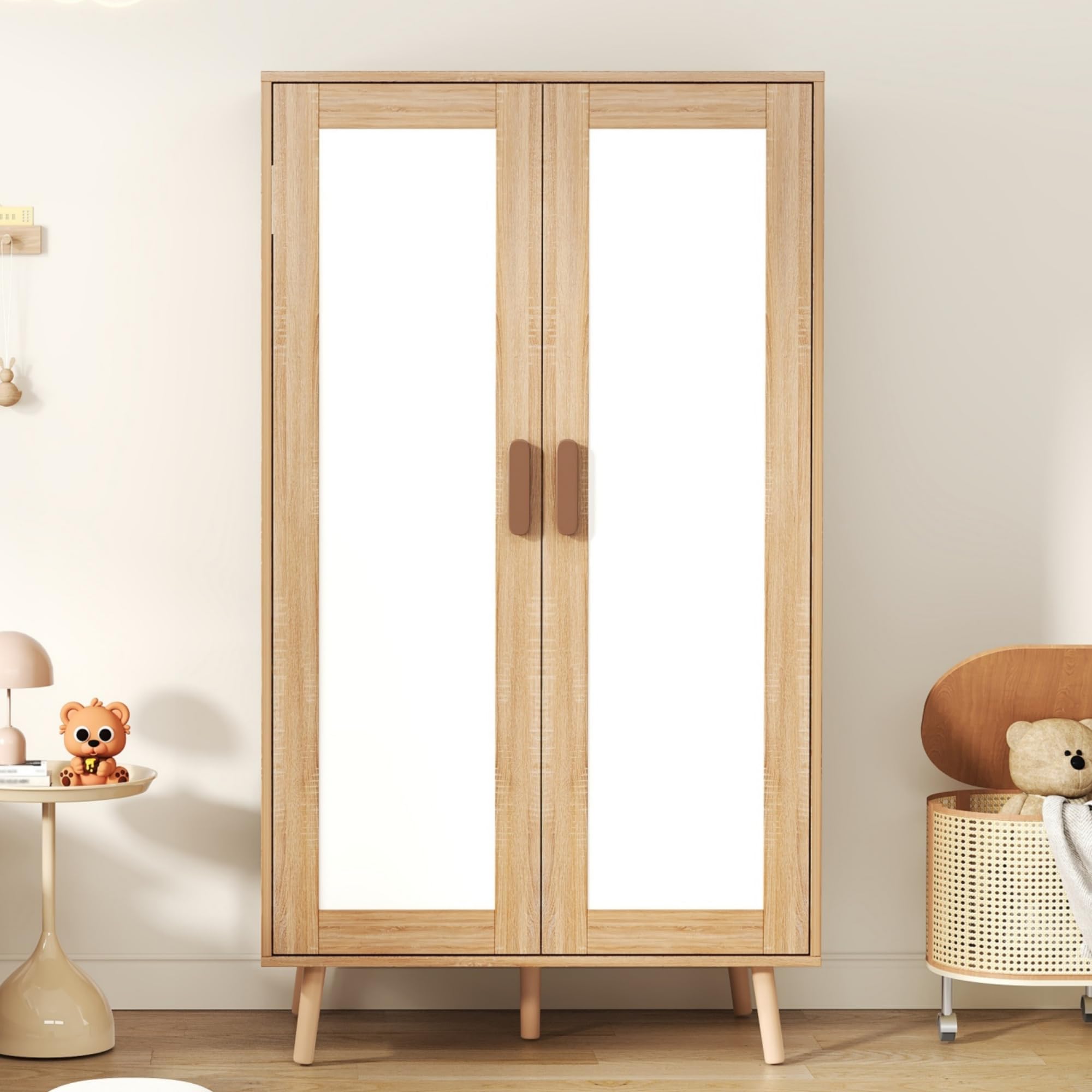 Armario infantil con 2 puertas con barra colgante de 80 x 46 x 141,5 cm, acabado de madera natural, elegante solución de almacenamiento para habitación de niños, diseño duradero y funcional