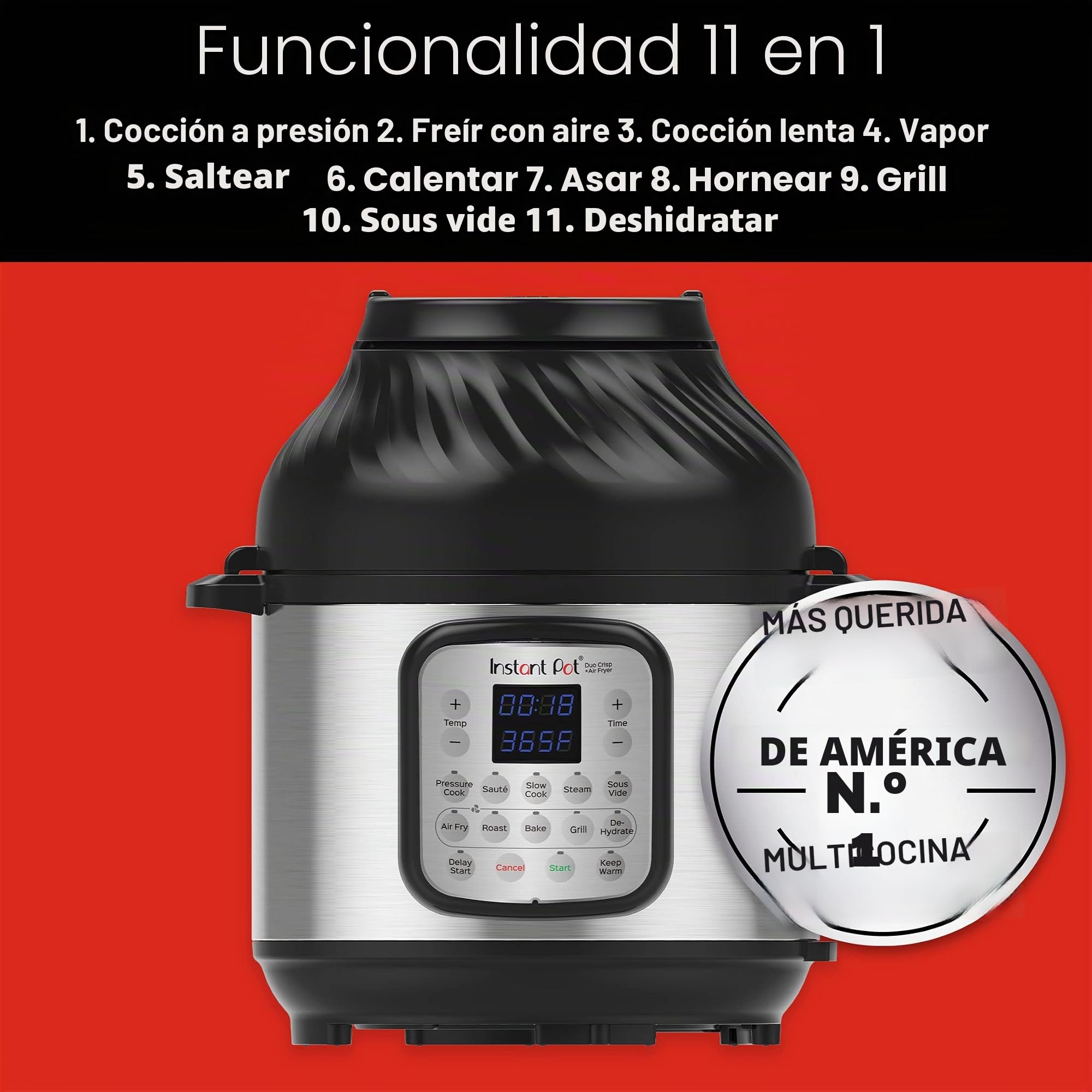 Instant Pot DUO CRISP + Air Fryer 8L Multicooker. 11 funciones en 1: olla a presión, sartén, vaporera, olla lenta, metal