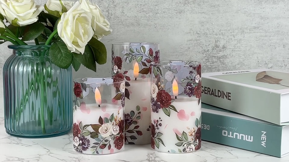 Image of Battery Operated Glass Flameless Candles with Remote and Timer Real Wax 3D Wick Flickering Rose LED Pillar Candles Wedding Dinner Christmas Holiday Decor D3 x H4, 5 inch, 6 inch