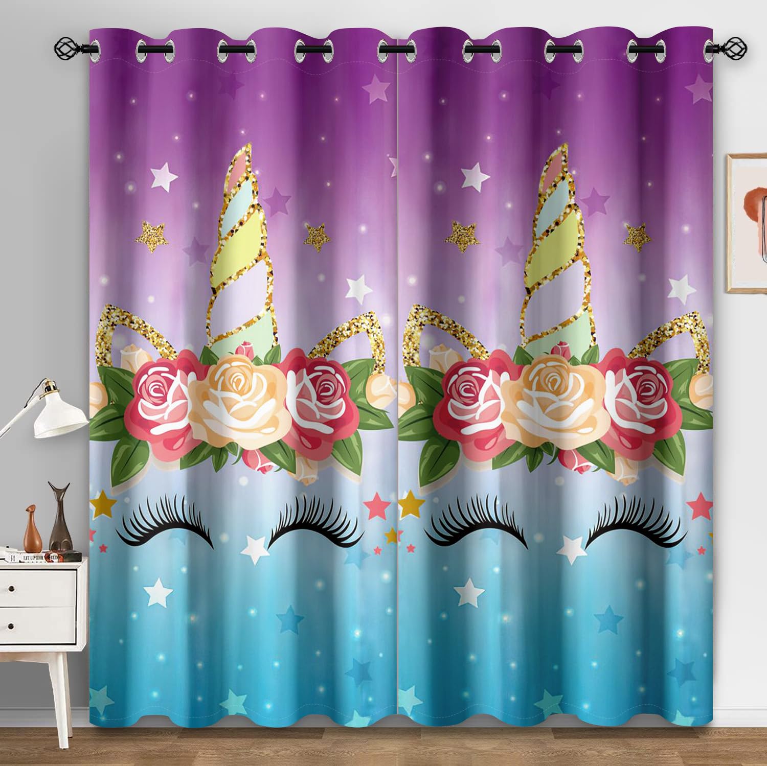 Rideau Occultant Licorne Pourpre d'or Rideaux Occultant Thermiques Isolant Anti Froid Tissu Polyester Lavable avec Oeillets Rideau Salon Chambre d'enfant Décoration 2x85x200 cm