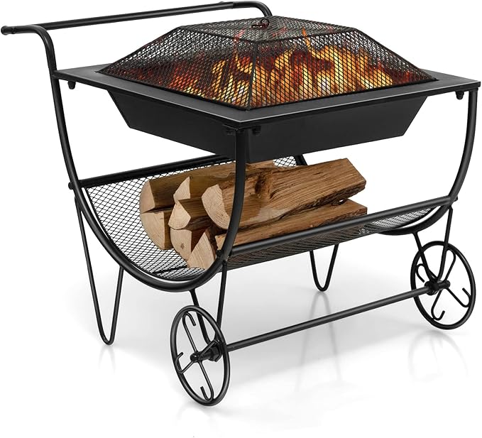 Tangkula Outdoor Fire Pit with Wheels and Firewood Log