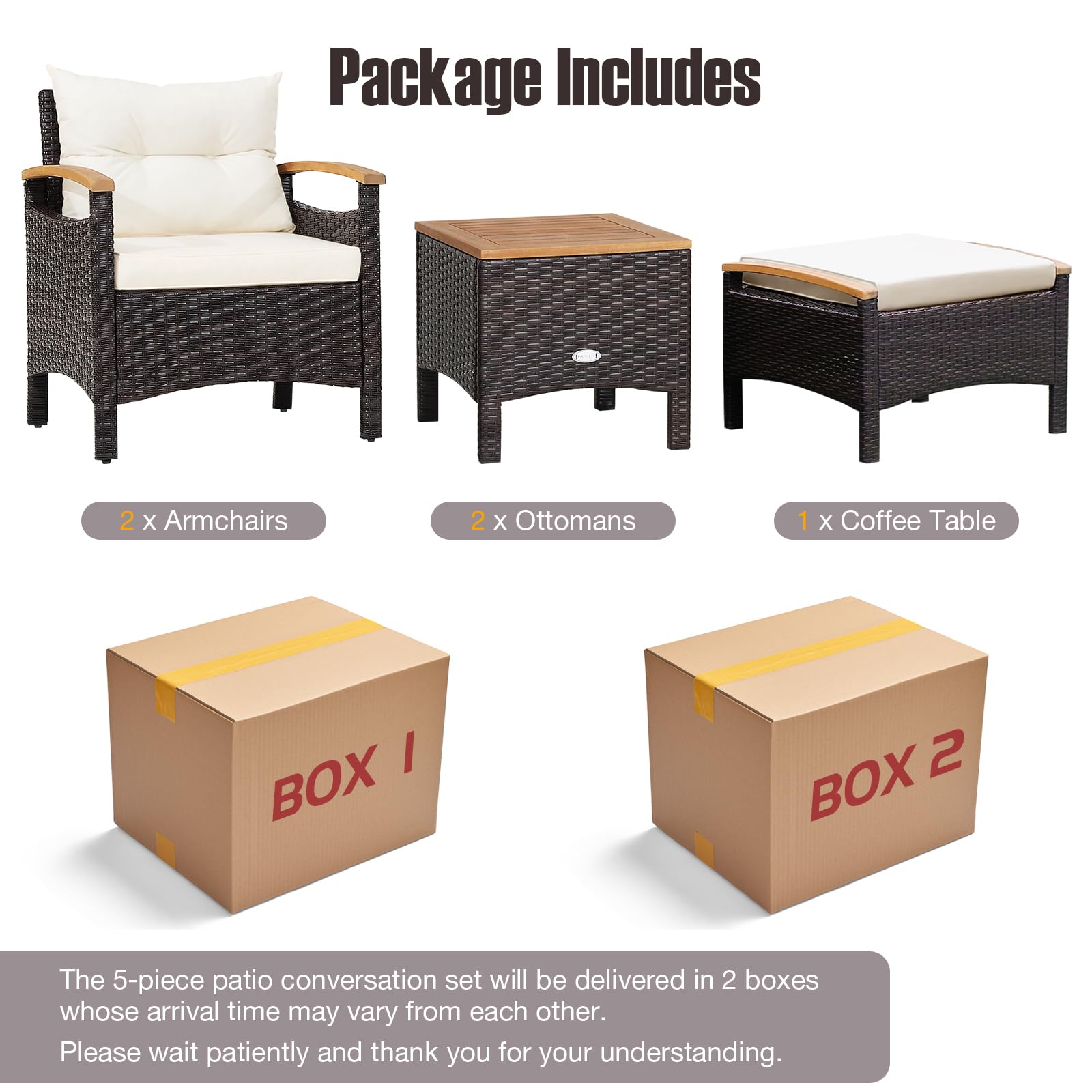 LIFEZEAL Juego de Muebles de Ratán, 2 sillónes de jardín con 2 taburetes con Cojines extraíbles, reposabrazos de Madera de Acacia, 2 Sofás Individual y Mesa de Centro para 2-4 Personas (5 Piezas)