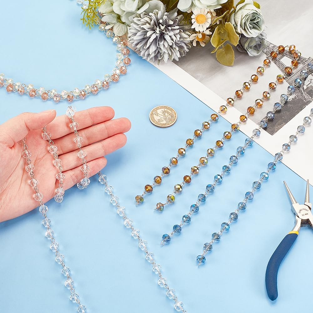 PH PandaHall 5 Strands 3.3 Feet Electroplate Glass Beads Faceted Crystal Glass Beads Chain with Platinum Eye Pin for Necklaces Bracelets Jewelry Making