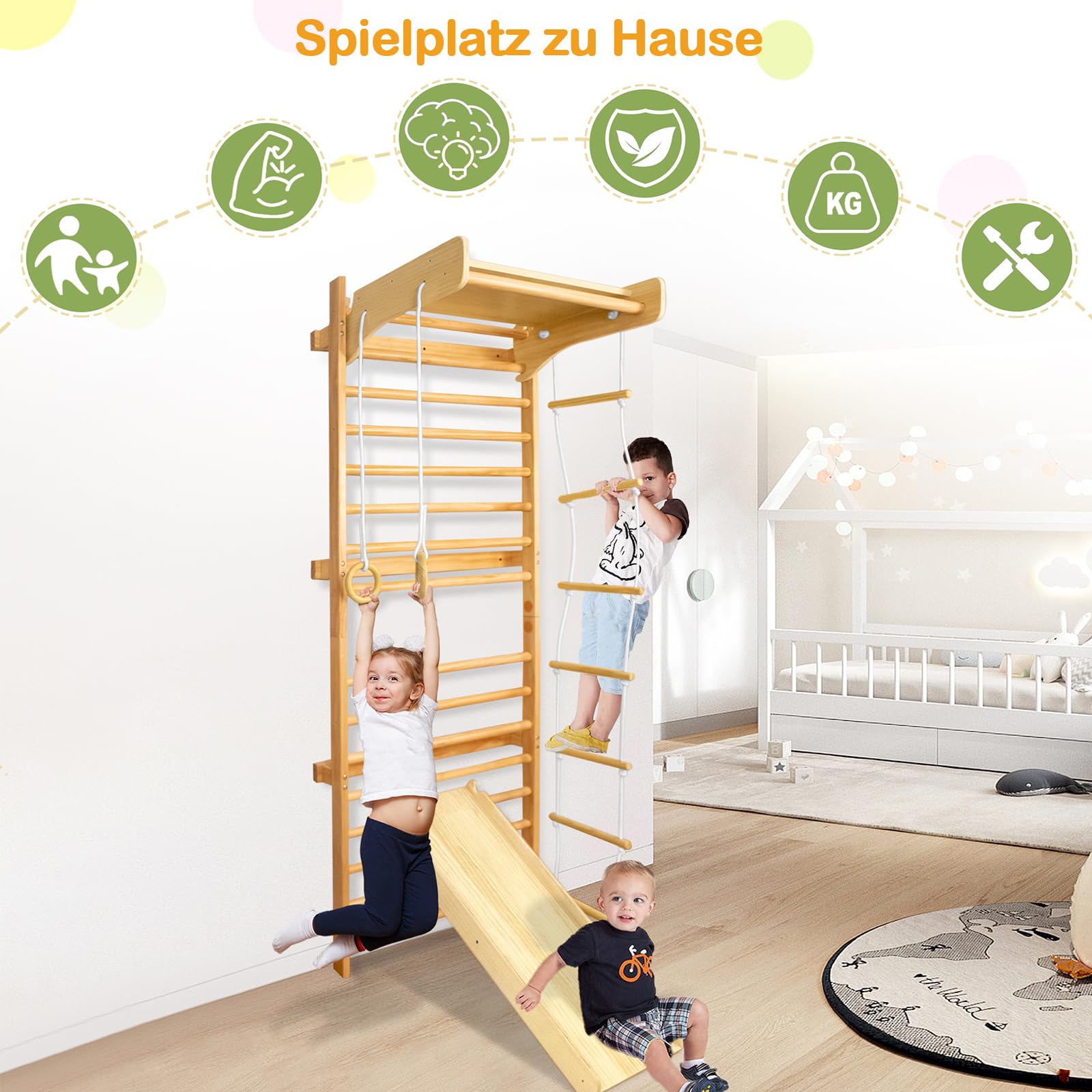 LARS360 Multifunktions Sprossenwand Set für Kinder, Holz Klettergerüst Indoor - Kletterwand, Klettergerüst, Turnwand - Bestes Fitnessstudio für alle Familie, Sportgeräte ab 3 Jahre