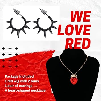 Womens Red Costume Wig with Buns Necklace Earrings Long Red Wavy Hair Wigs for Adults Halloween Cosplay (Adults)