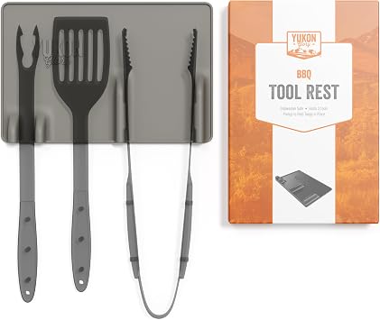 Yukon Glory Silicone Tool Rest Mat, Grey, Holds 3 Grill Tools | Non-stick, dishwasher safe grill station organizer. BBQ grill accessory.