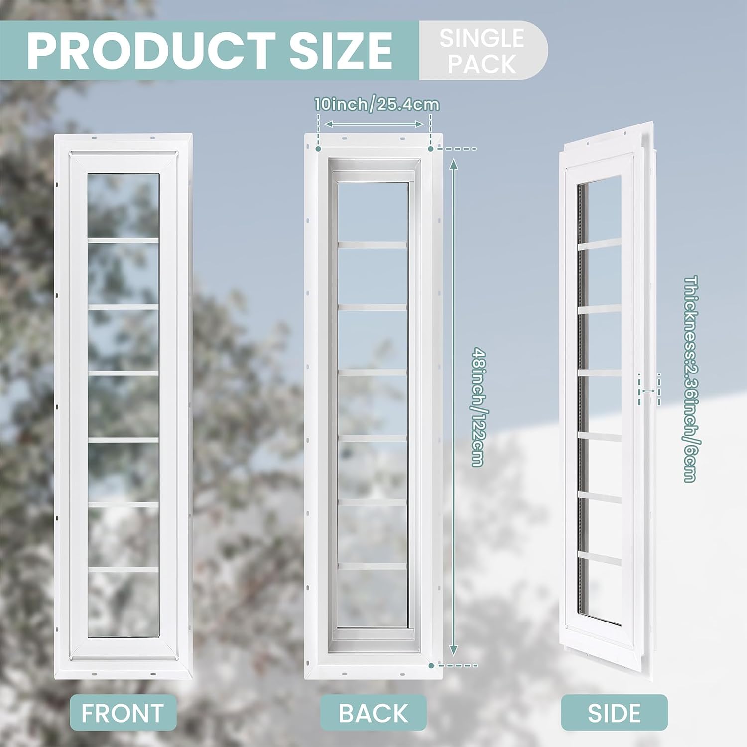 Vinyl Transom Household Window, 10" x 48" Double Pane Fixed Window with Grids and Tempered Glass for House, Garage (White)