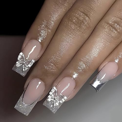 Miniatura 24 de MISUD Uñas postizas cuadradas largas a presión Squoval, uñas postizas brillantes con pegamento, uñas acrílicas coloridas con punta francesa, uñas