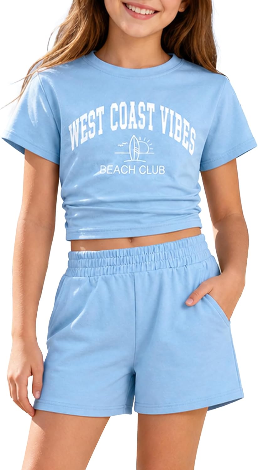Girls Two Piece Outfit Set Summer West Coast Vibe T-Shirt & Shorts Casual Playwear