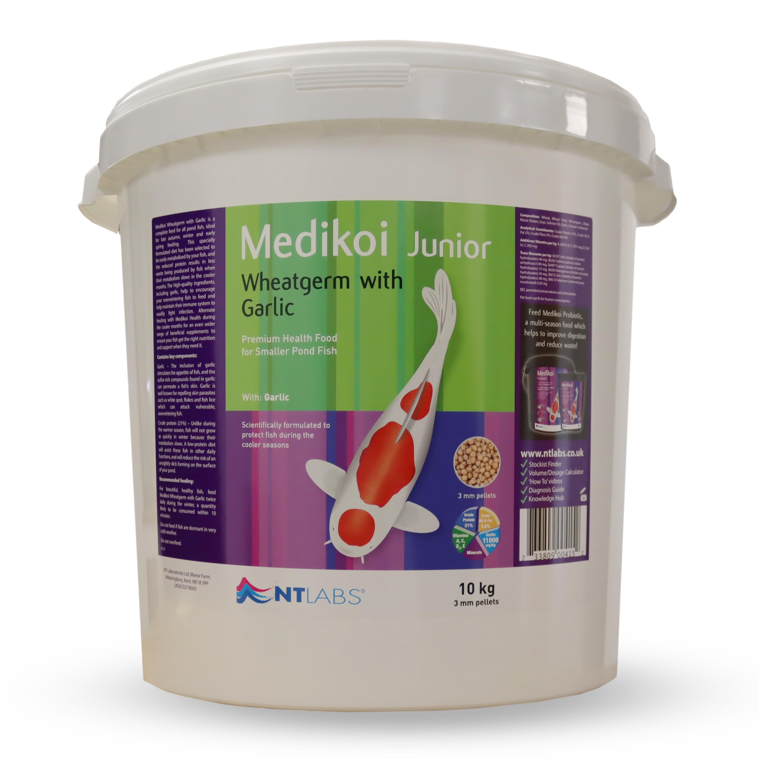 NT Labs Medikoi Wheatgerm With Garlic 3mm Junior, Complete Feed For All Pond Fish, Ideal For Late Autumn, Winter & Early Spring Feeding, Maintains Immune System, Koi Fish Food (10kg, 3mm)