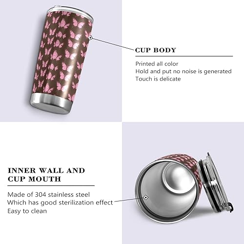 Miniatura 2 de Taza de acero inoxidable marrón mariposas con popote y pajilla, resistente a fugas, taza de café para hombres para viajes, estética, aislada, termo