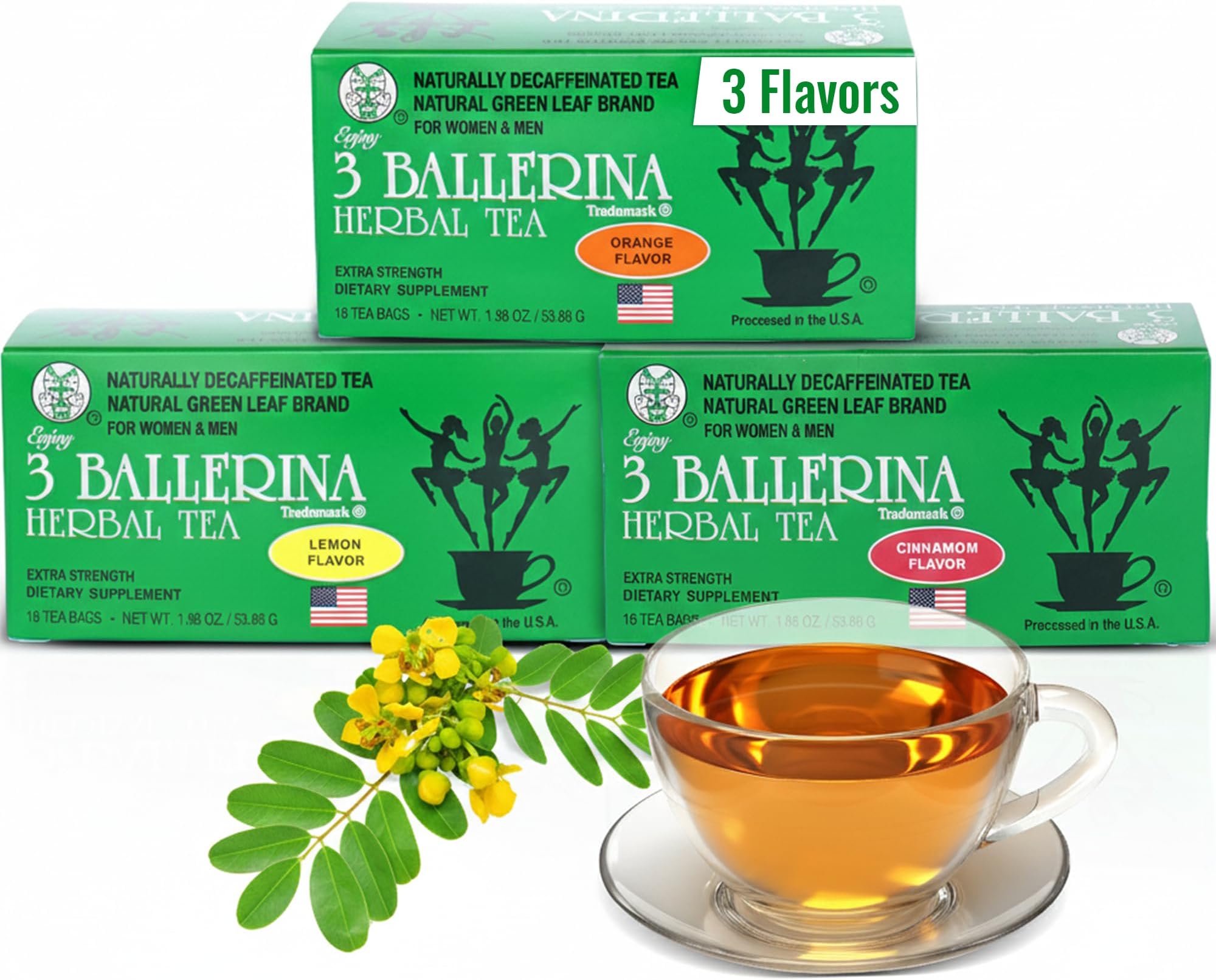 3 Ballerina Tea Extra Strength for Men and Women 3 Boxes Flavored Bundle (Orange, Lemon and Cinnamon Flavors)