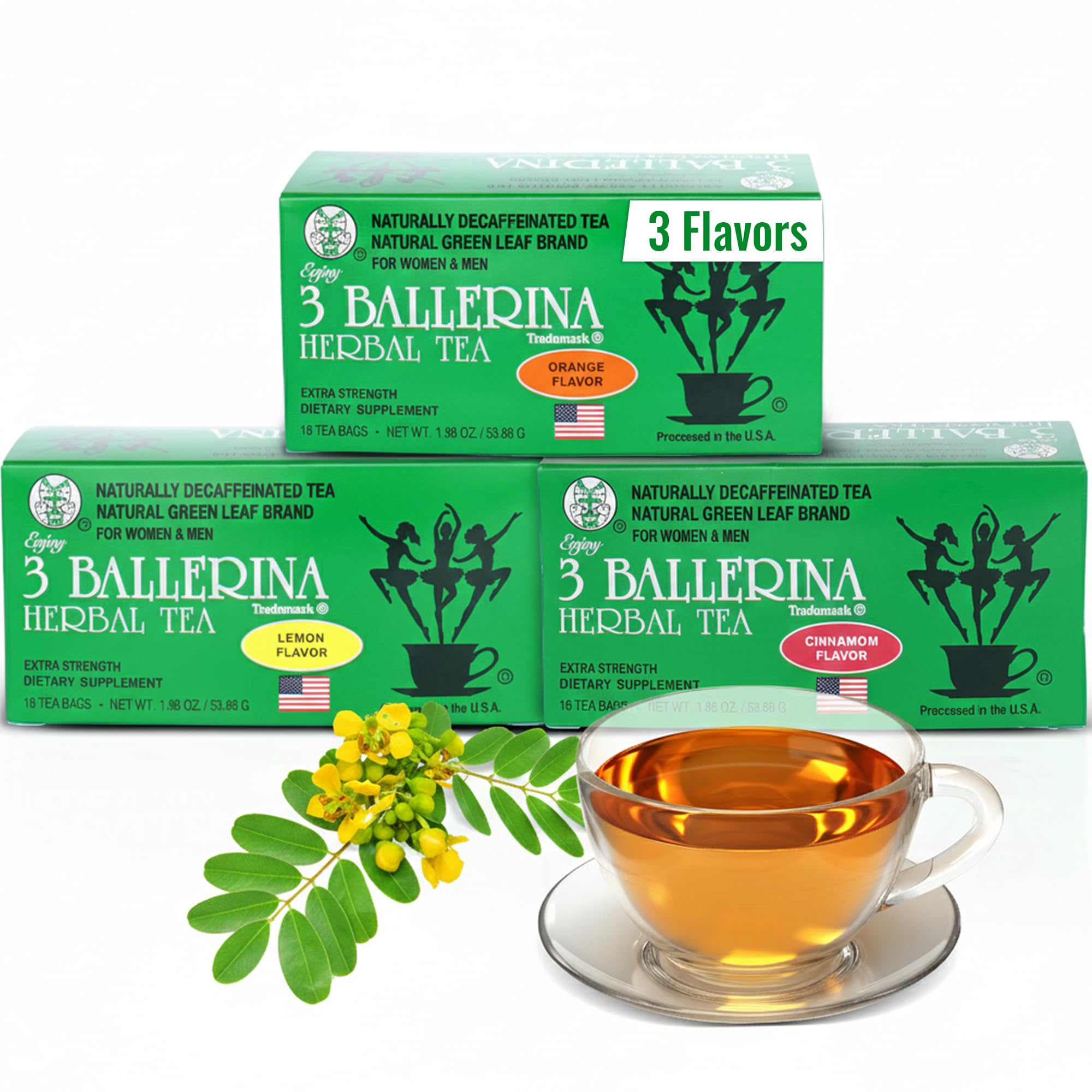 3 Ballerina Diet Tea Extra Strength for Men and Women 3 Boxes Flavored Combo (Orange, Lemon and Cinnamon Flavors)