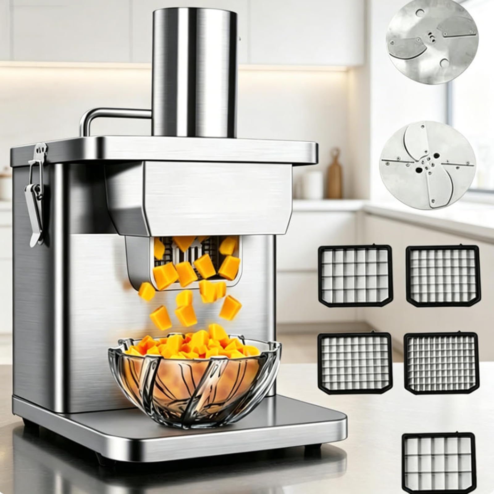 Robot culinaire électrique Professionnel 250 W avec 5 Lames pour légumes, Hachoir-coupeur en Acier Inoxydable pour Cuisine de Restaurant, trancheuse à Pommes de Terre, oignons et Carottes