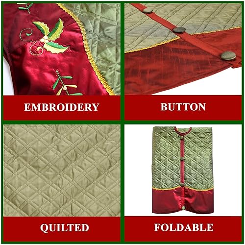 Miniatura 5 de X.Sem - Falda acolchada de seda sintética para árbol de Navidad, borde bordado de hojas de acebo, 50 pulgadas