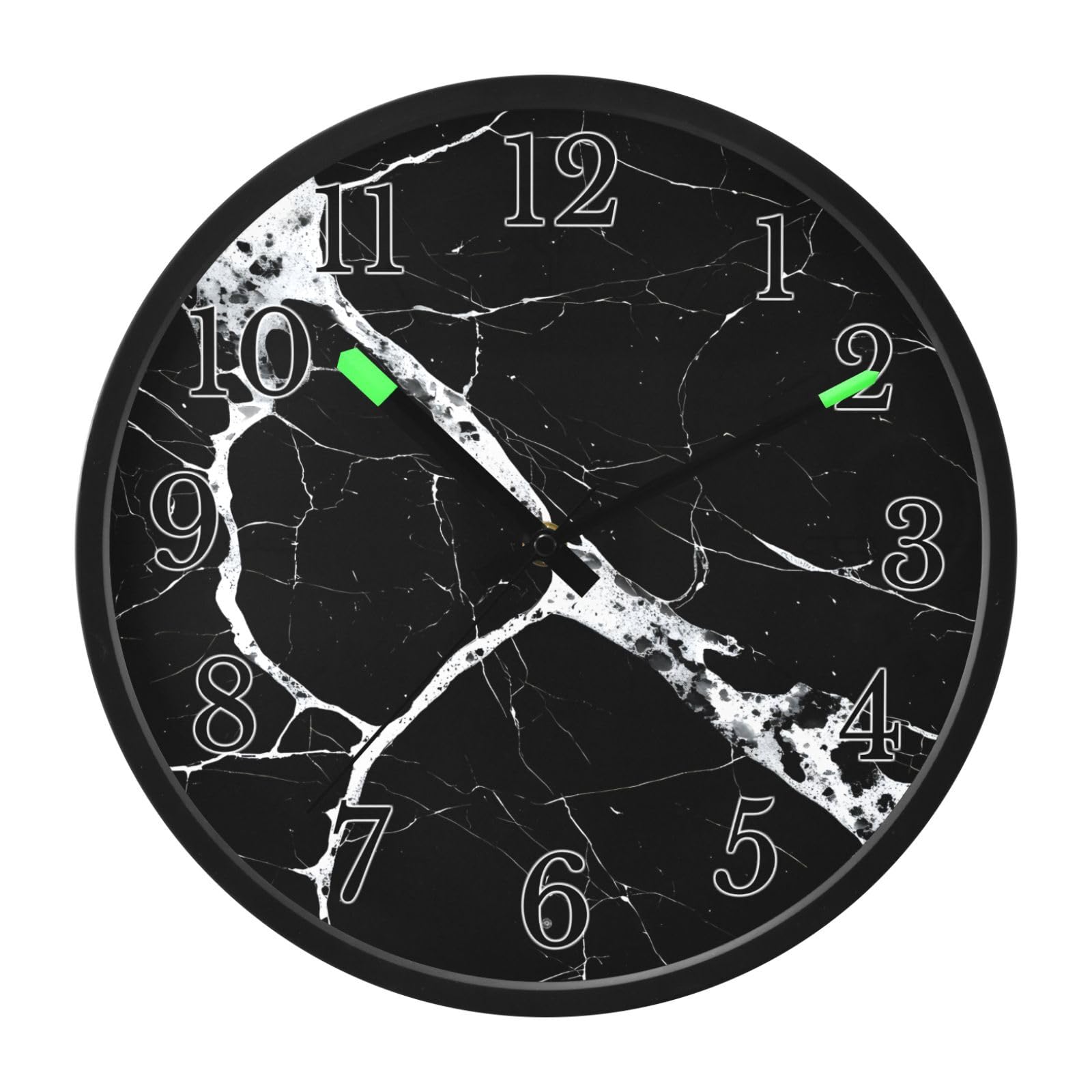 Mnsruu Reloj de pared luminoso con patrón de mármol negro y blanco, reloj de pared que brilla en la oscuridad, funciona con pilas, reloj de luz nocturna silencioso sin tictac para dormitorio