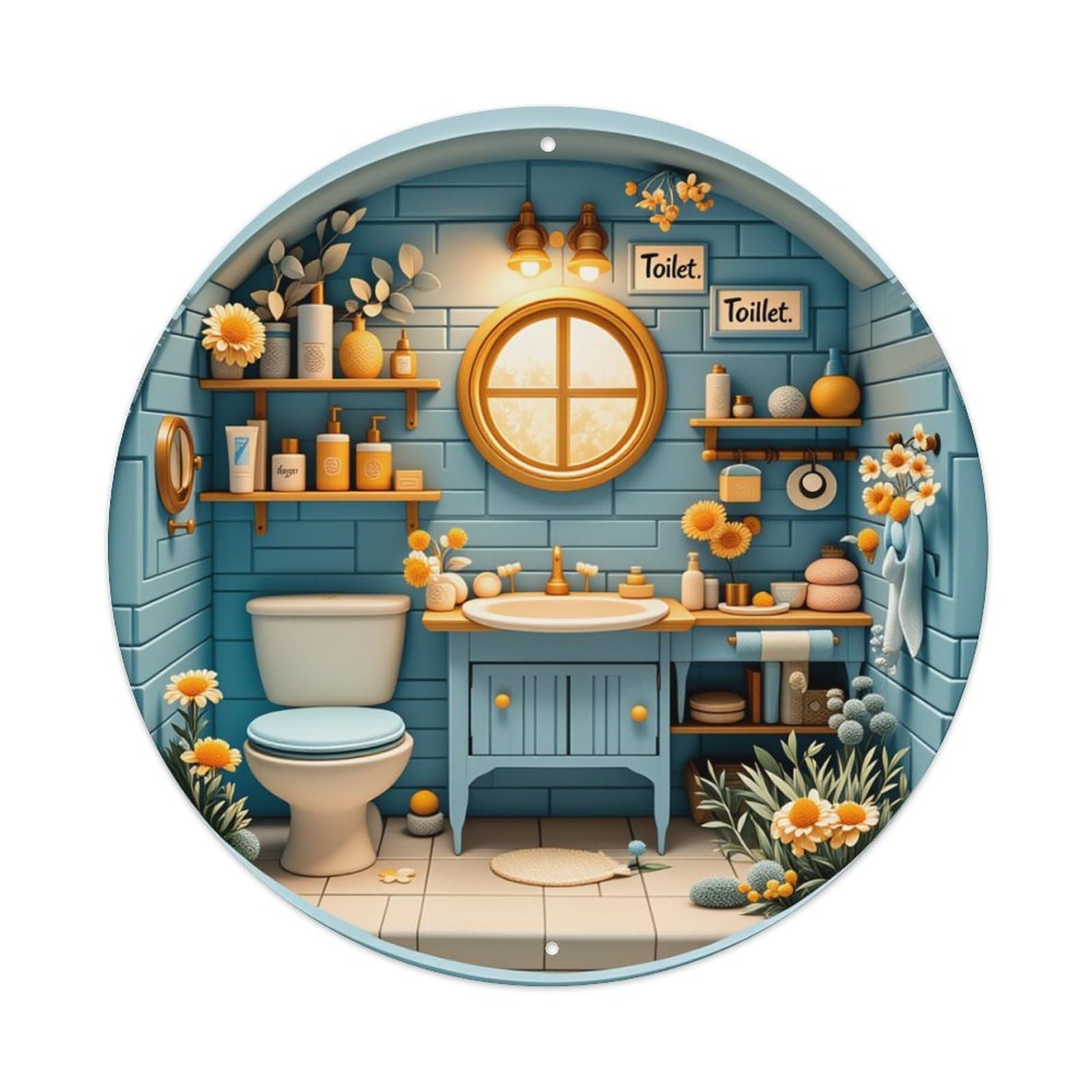 Floral Pattern With Sunflowers And Leaves Round Tin Sign Vintage Metal Poster, Home Bar Garage Man Cave Cafe Indoor & Outdoor Wall Decoration 8x8Inches
