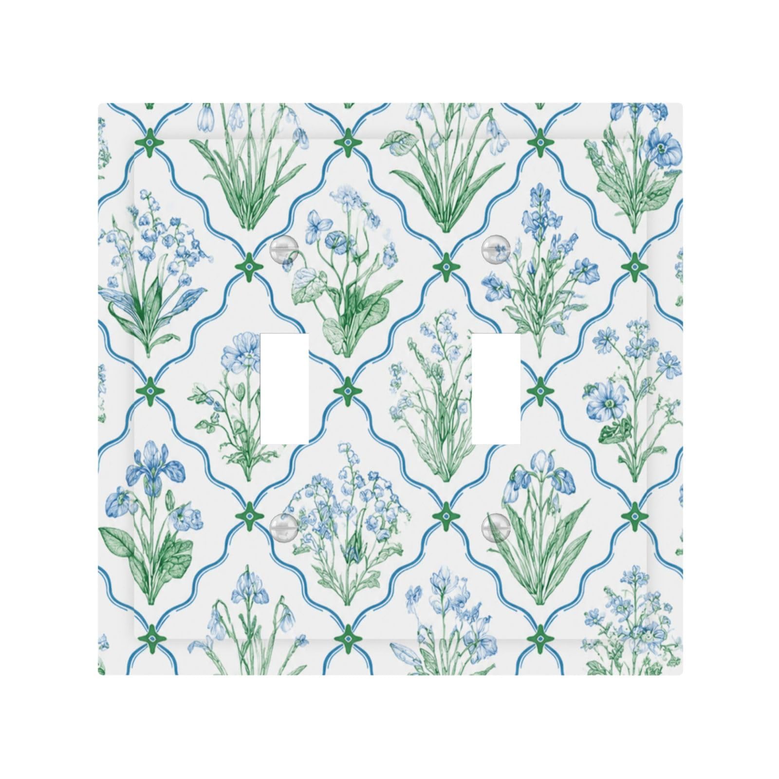 DWBGUO Decorative Light Switch Plate Covers Vintage Blue Green Botanical Wildflower Grid 2 Gang Wall Plate Unique Double Toggle Double Light Switch Covers for Farmhouse Kitchen Decor