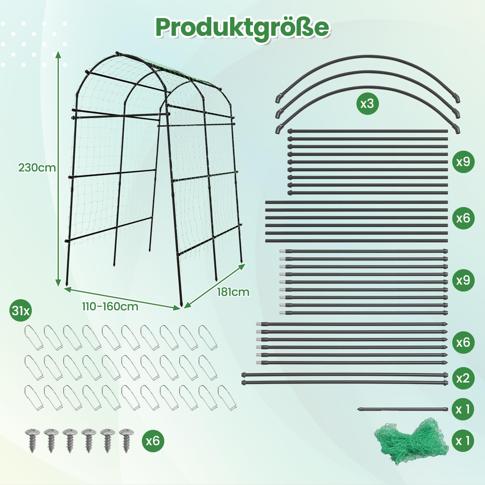 FANTASK Griglia per rampicanti, 230 cm, arco da giardino con struttura in metallo rivestito in PE, per ortaggi, frutta, fiori