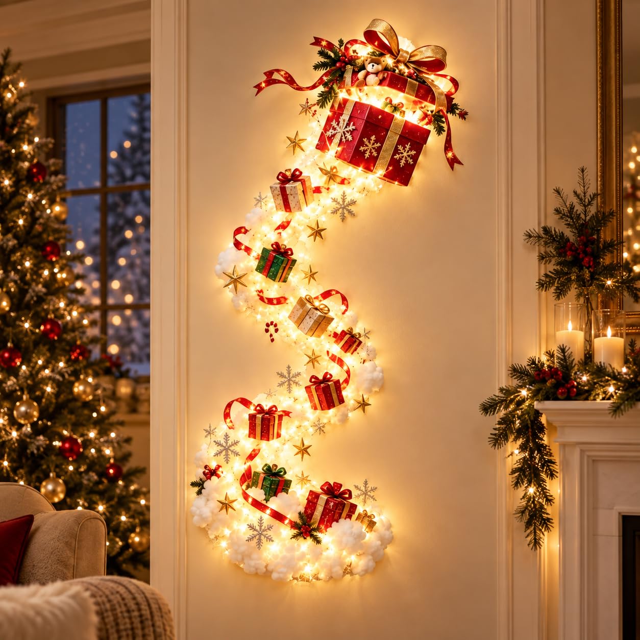 Christmas Ornaments, Christmas Magic Trail Wall Light Led Cascading Sparkling Snow Rustic with Snowman Santa Reindeer Lights Indoor Outdoor Doors Walls Mantel Decor Xmas Decorations