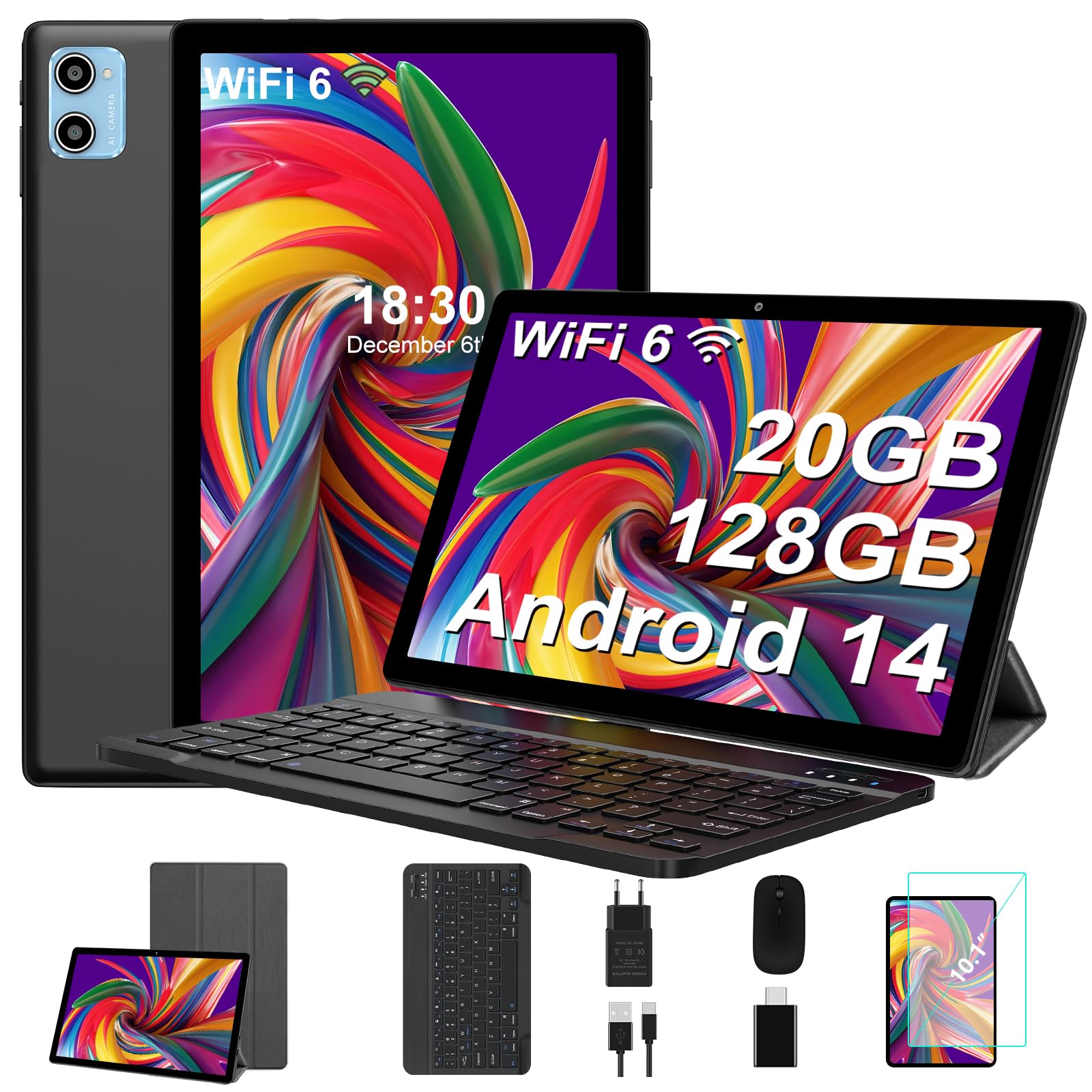 SUAAT Newest Tablet Android 14 10 Pollici 20GB RAM+128GB ROM(1TB TF), Octa-Core 1.8Ghz, WiFi 6,Bluetooth 5.0, GMS, 8MP + 5MP, OTG, Cast, Tablet PC con Custodia, Tastiera e Mouse, Nero