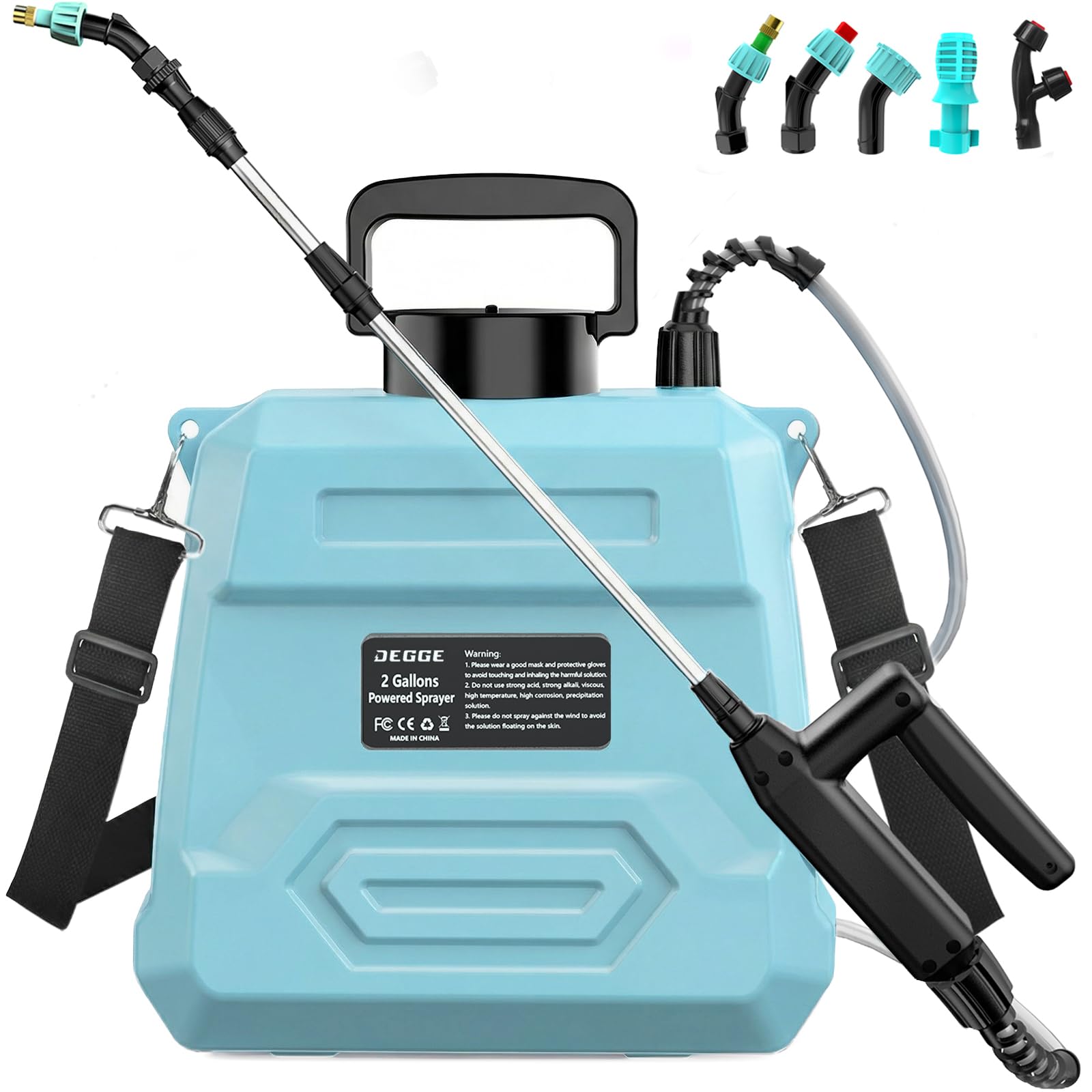 Photo 1 of DEGGE Battery Powered Sprayer 2 Gallon, 7.4V Powerful Electric Pump Sprayer, Weed Killer Sprayers with Rechargeable Handle & 5 Mist Nozzles & Retractable Wand & Adjustable Strap for Lawn, Garden, Yard