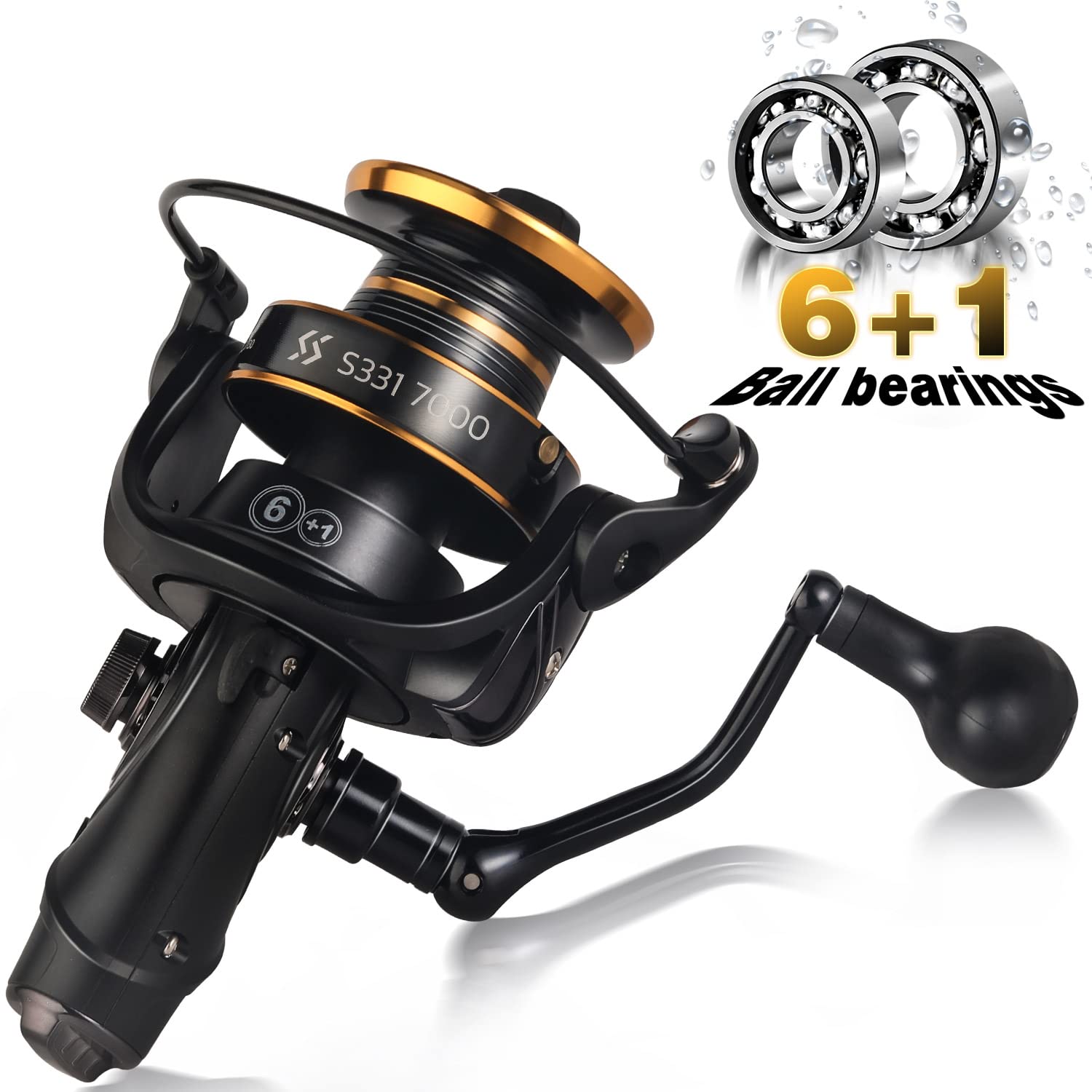 Moulinets de Carpe Sougayilang, Moulinets de pêche filante puissante et Lisse 6+1BB Moulinets de pêche à la Carpe,Max Drag 33LB Bobine de pêche d’Eau salée/d’Eau Douce