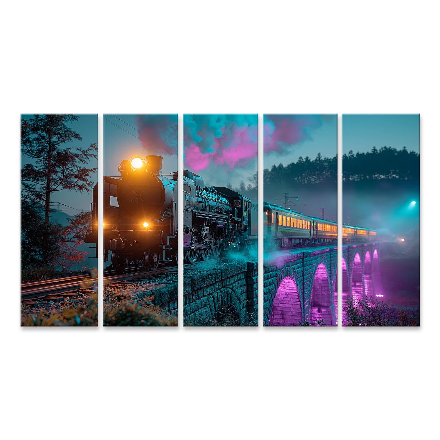 islandburner Quadro su tela Magico Flok di vapore su viadotto Murale soggiorno per romanzi ferroviari – 5 pezzi XXL