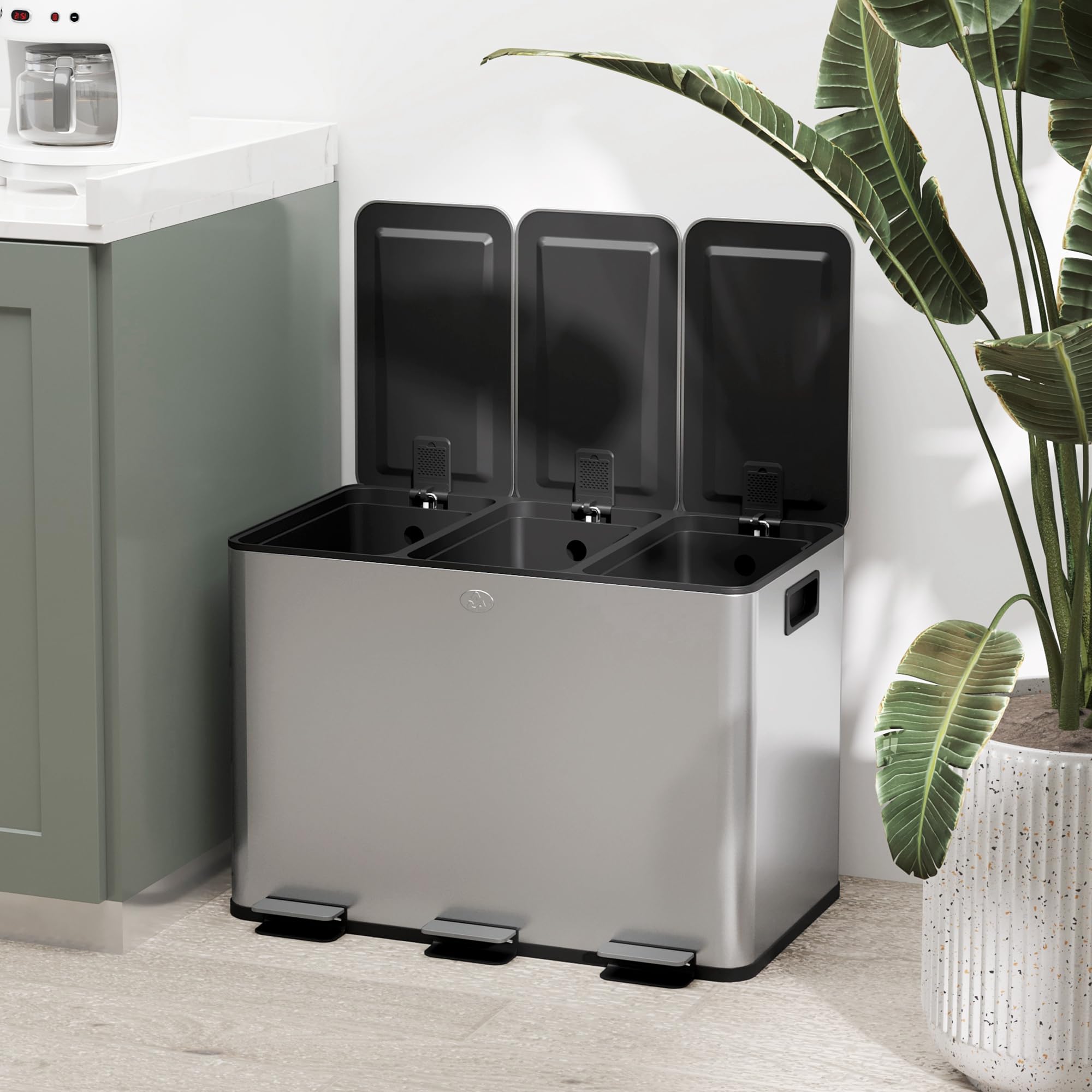 HOMCOM Pattumiera Differenziata 3 Scomparti 10L da Cucina a Pedale, Cestino Spazzatura con 3 Coperchi a Chiusura Silenziosa in Acciaio Inox e PP, 49.6x34.5x38.6 cm, Argento