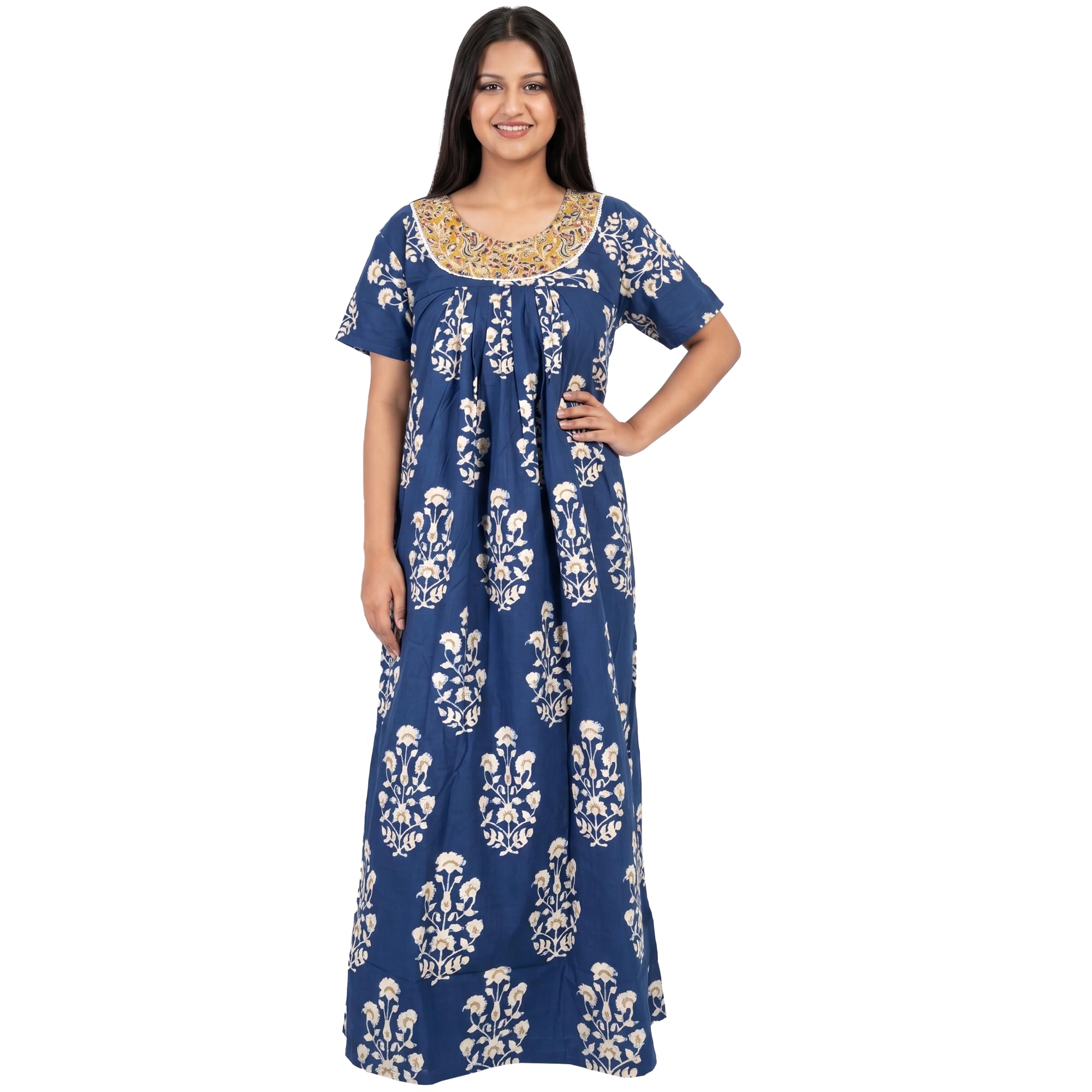 kavz Women's Cotton Nighty, Blue Floral Print, Maxi Length, Plus Size 2XL-7XL, Short Sleeve, Round Neck-picture-19