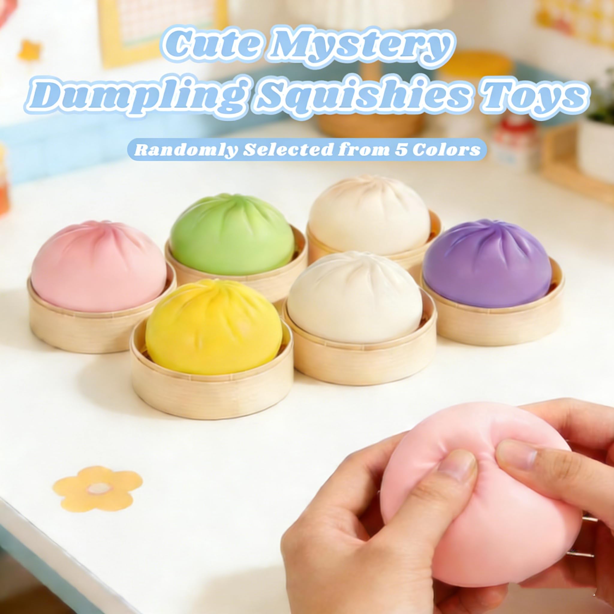 Dumpling Squishy Mystery Box Fidget Toys, Stress Relief Sensory Toys with Steamer Box, Giant Squeeze Toys for Gift (Yellow) — view 3
