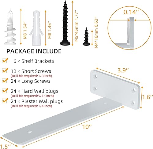 Miniatura 5 de ZGO Soportes flotantes para estantes, soportes de estante resistentes, soportes en L de metal blanco para estantes, soportes de pared para estantes,