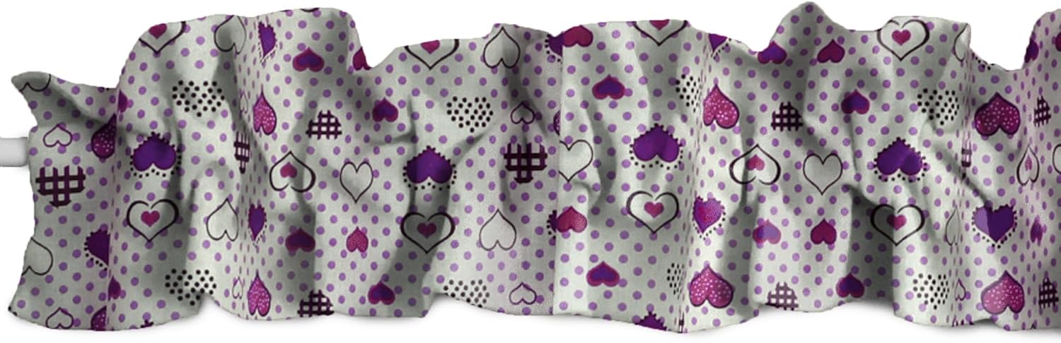 Zen Creative Designs Cotton Hearts and Dots Print Sleeve Topper Window Valance Top Bottom Ruffle Home Décor Bedroom Nursery Kitchen Window (144" Wide x 9" Tall, Purple)