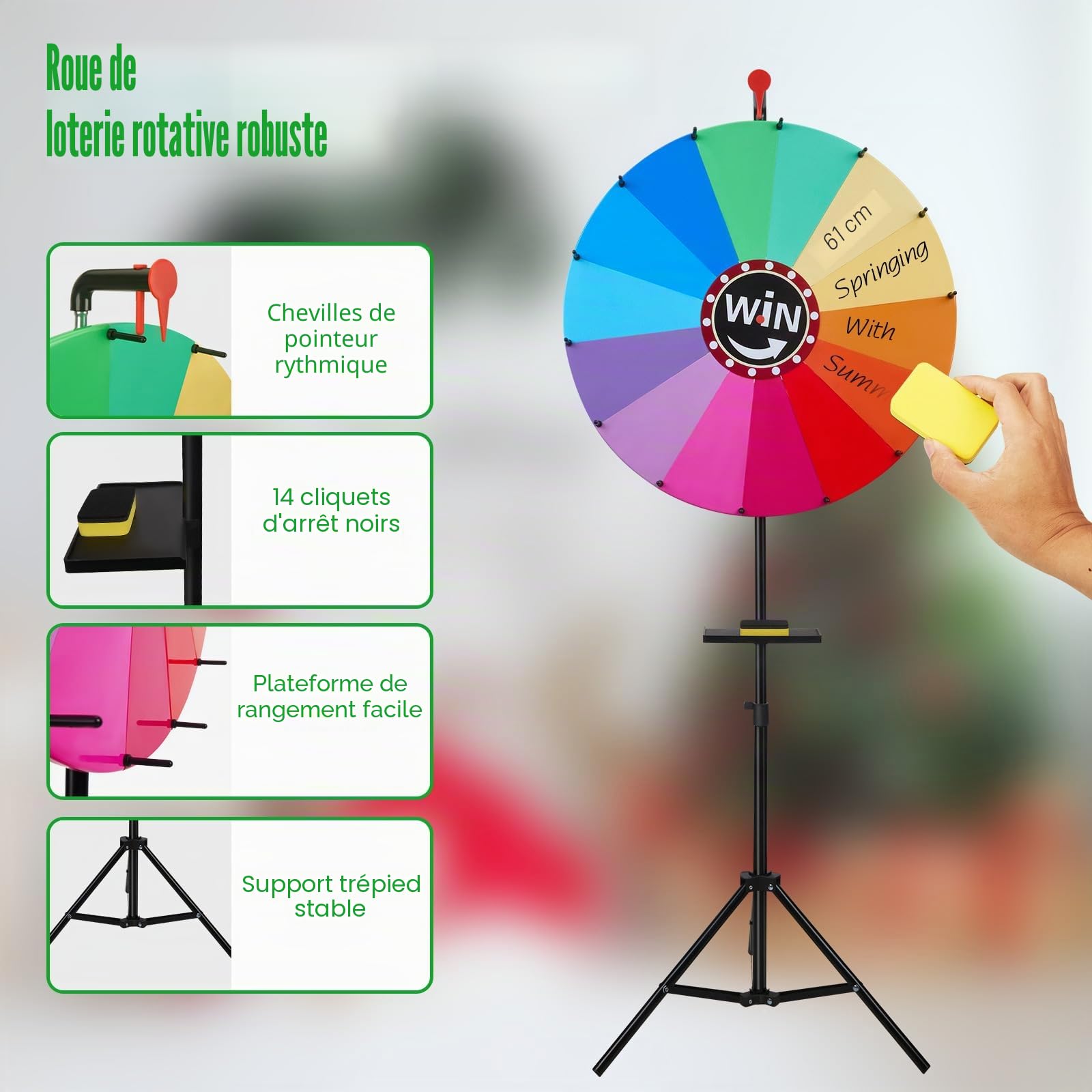 Grande roue porte-bonheur de 61 cm à tourner - Roue de fortune pour créer des dauphins - Avec 14 places de prix de couleur réglables - Support réglable de 100 à 160 cm - Roue rotative - Jouet pour