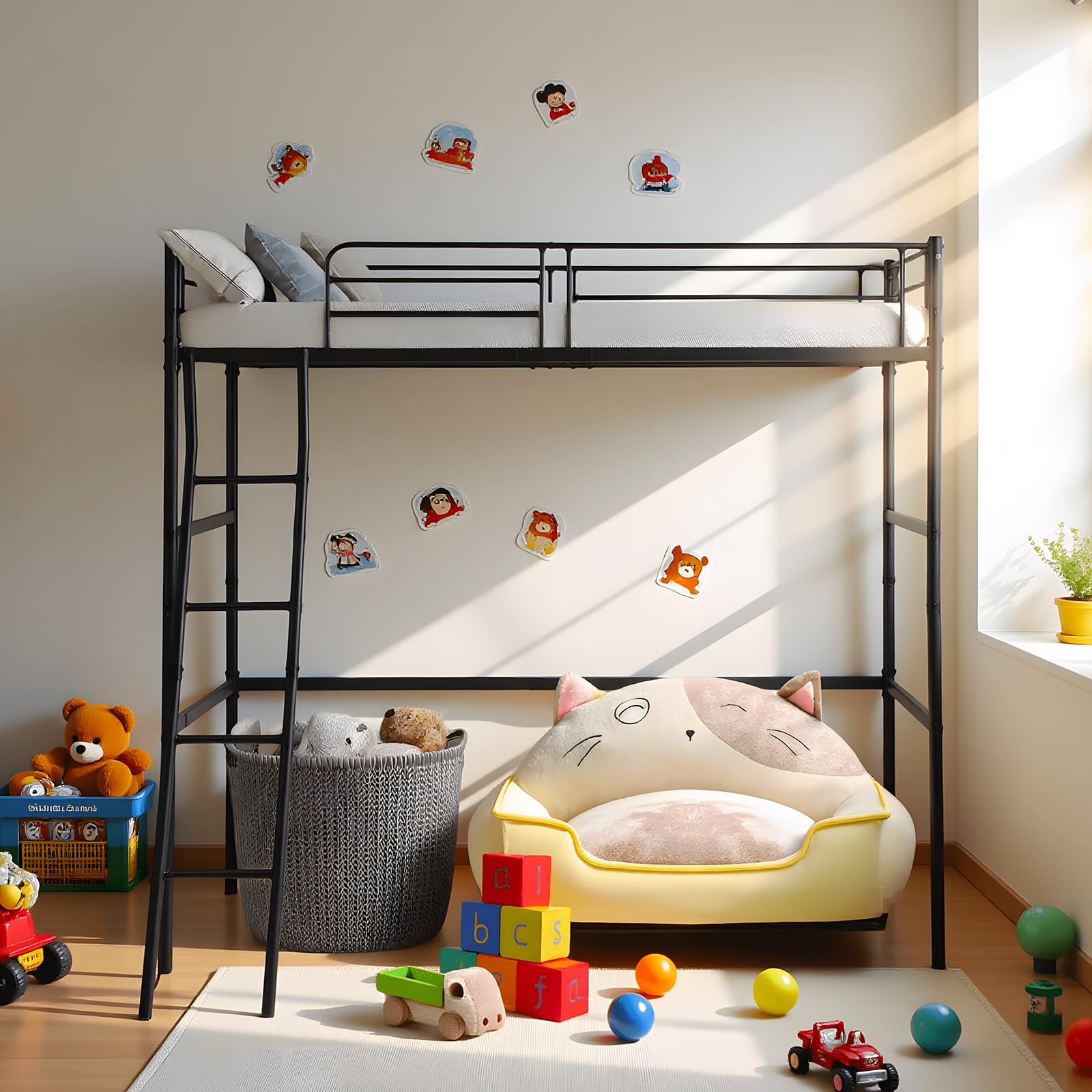 DORAFAIR Lit Mezzanine 1 Place Lit Superposé en Métal per Matelas de 90 x 200 CM avec Escalier pour Adultes et Enfants, Sécurité Garde-Corps et Espace Libre en Dessous, Noir
