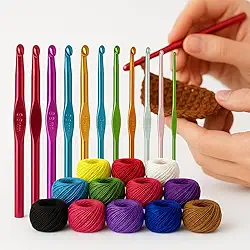 Kit Croche 12 Agulhas de Aluminio Coloridas 12 Cores de Linhas 100% Algodão que Não Desbotam