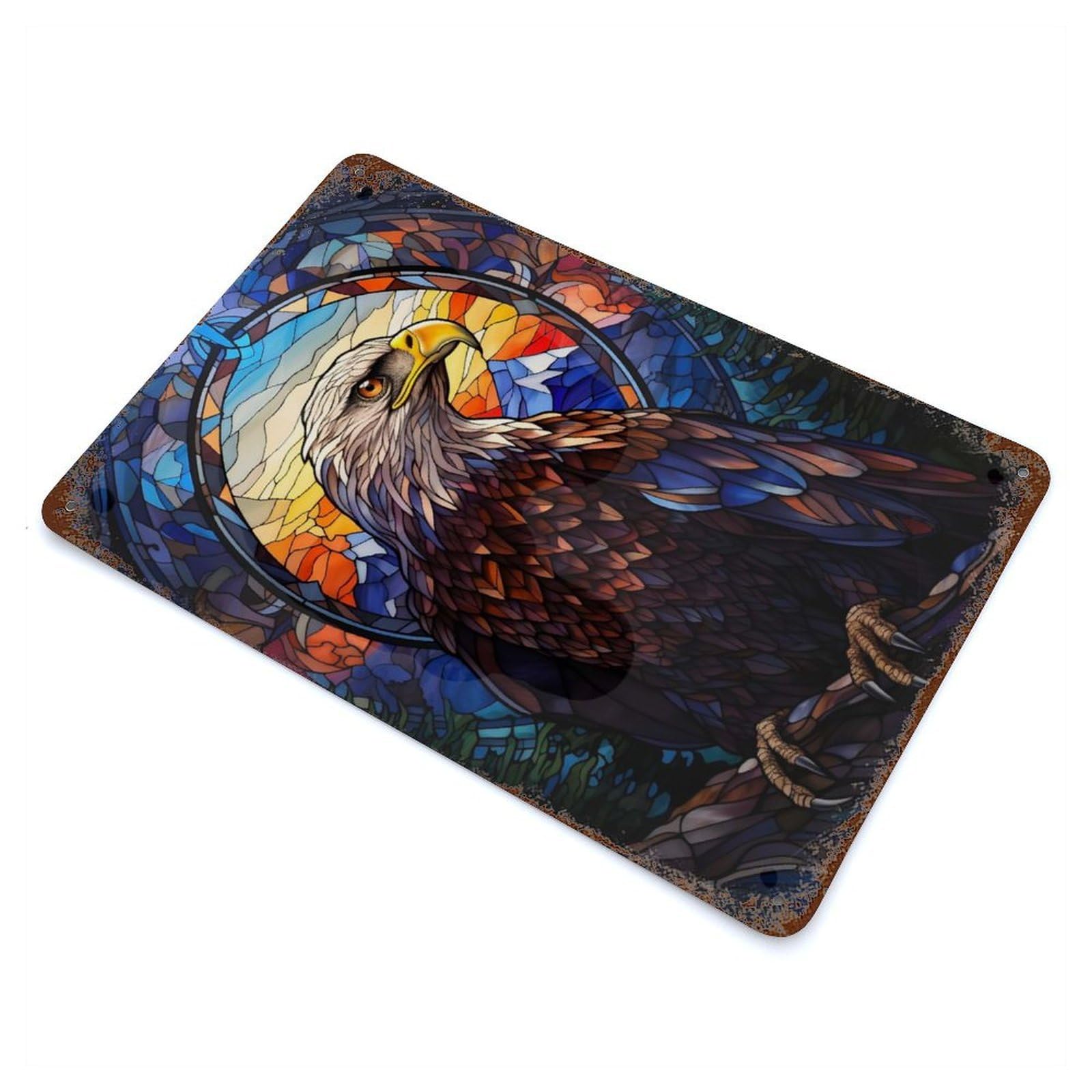 Vintage Rust Metal Sign with Eagle Stained Glass Design 11.8"x7.9", for Shed, Workshop And Garage Wall Decor, Classic Wall Plaque