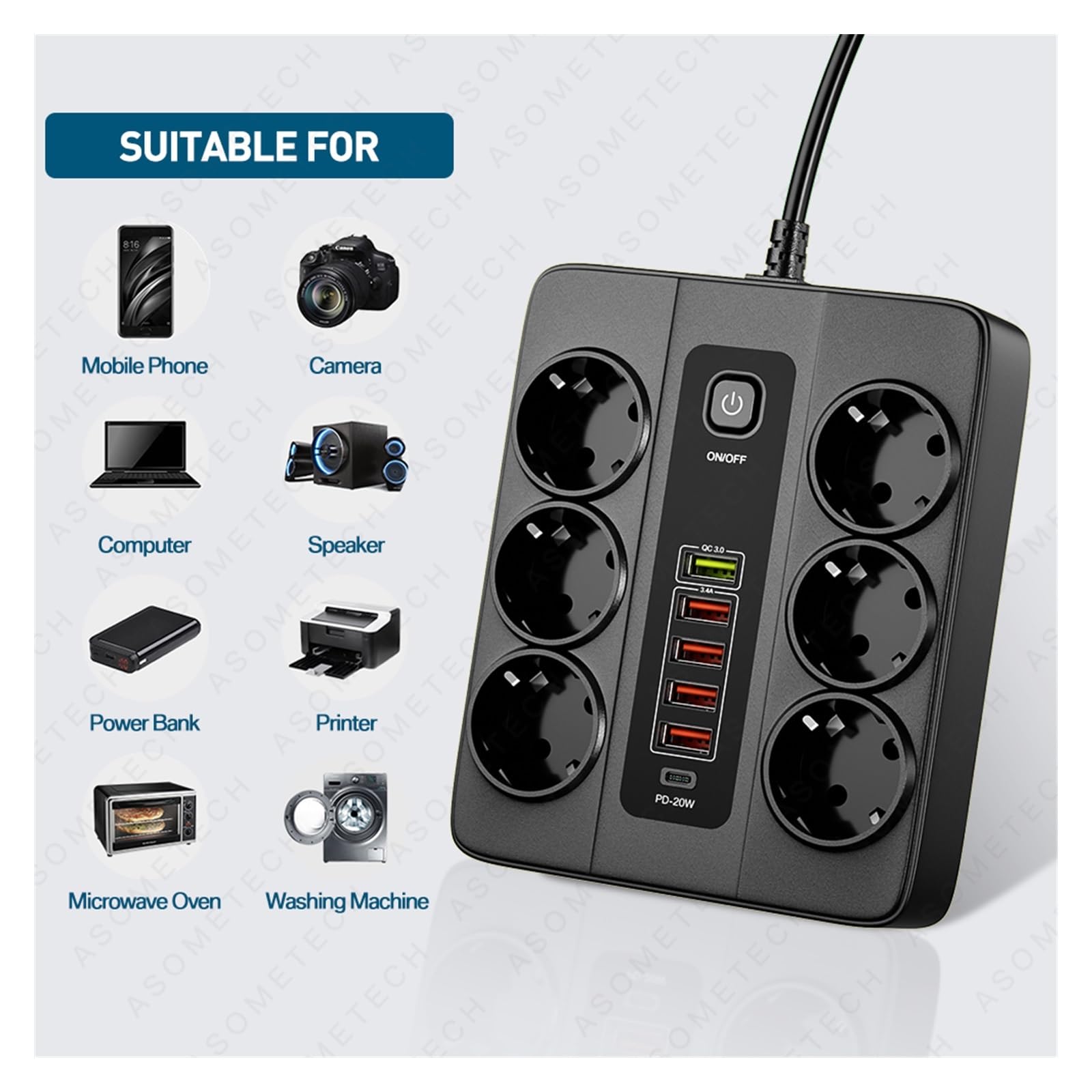 Cargador USB C Multiple, Tira de alimentación de 6 tomas de CA de 3000W, cable de extensión de 6 estaciones de carga USB, 2M PD 20W QC3.0, puerto USB, toma de corriente for cargador múltiple , Univers