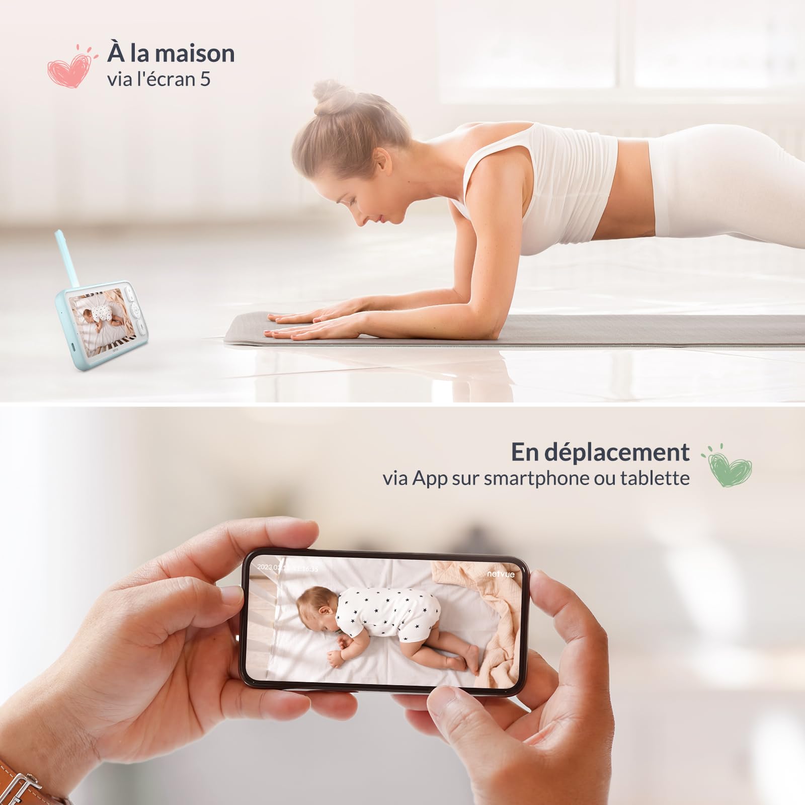 NETVUE Bleu Babyphone Camera 1080P avec Support 4 en 1, sans Fil 5" Babyphone 5000mAh, sans WiFi Camera Bebe avec App, Vision Nocturne, Audio Bidirectionnel, Détection des Pleurs, Mode VOX