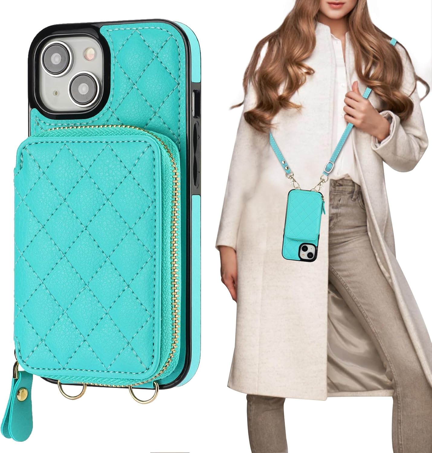 Bocasal Crossbody Wallet Case for iPhone 15, RFID Blocking PU Leather Zipper Handbag Purse Flip Cover, Kickstand Folio Case with Card Slots Holder Wrist Strap Lanyard 5G 6.1 Inch (Mint Green)