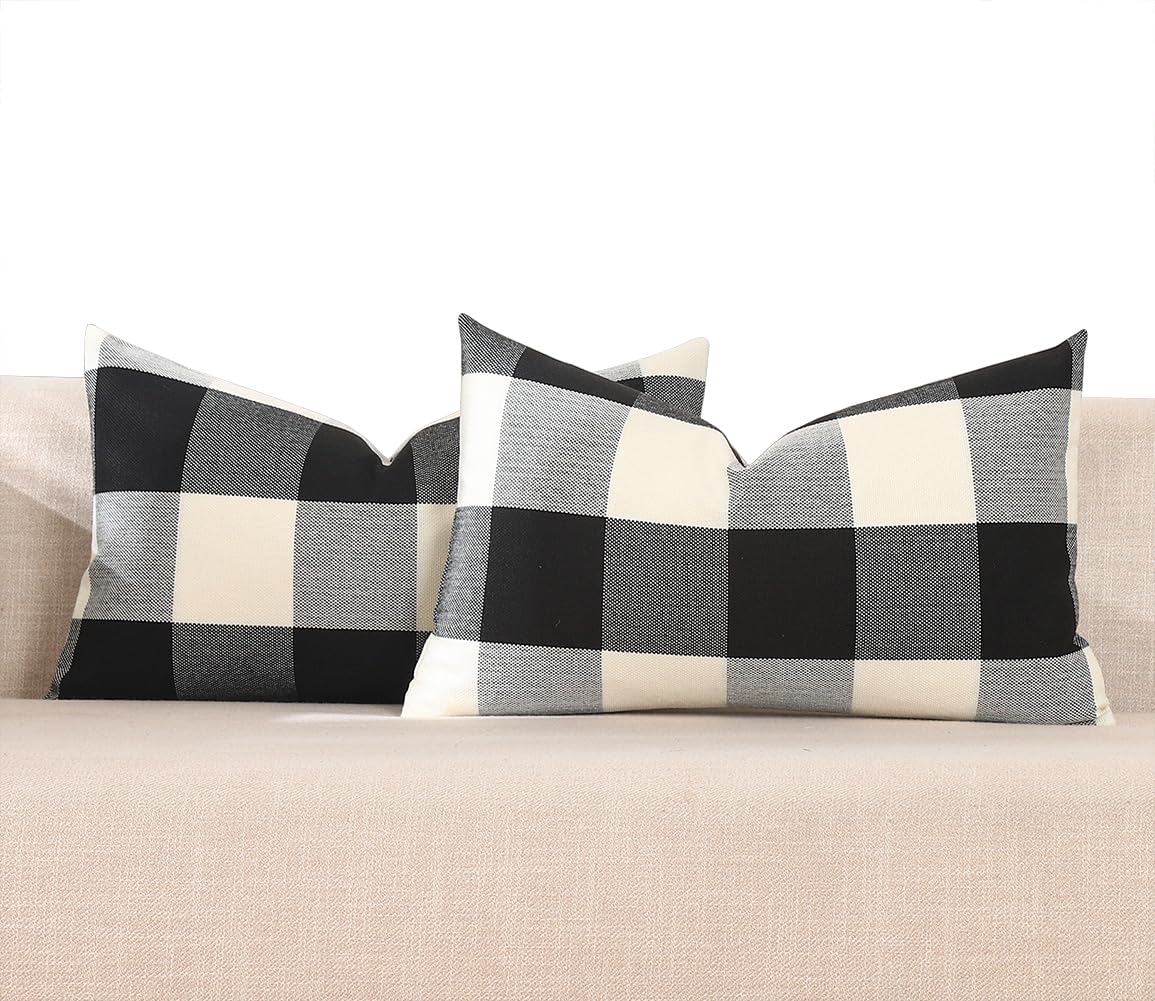 CARRIE HOME Black and White Lumbar Plaid Pillow Covers 12x20 Set of 2 Black Buffalo Check Pillow Covers 12 x 20 Outdoor Farmhouse Lumbar Throw Pillows for Couch, Sofa and Patio