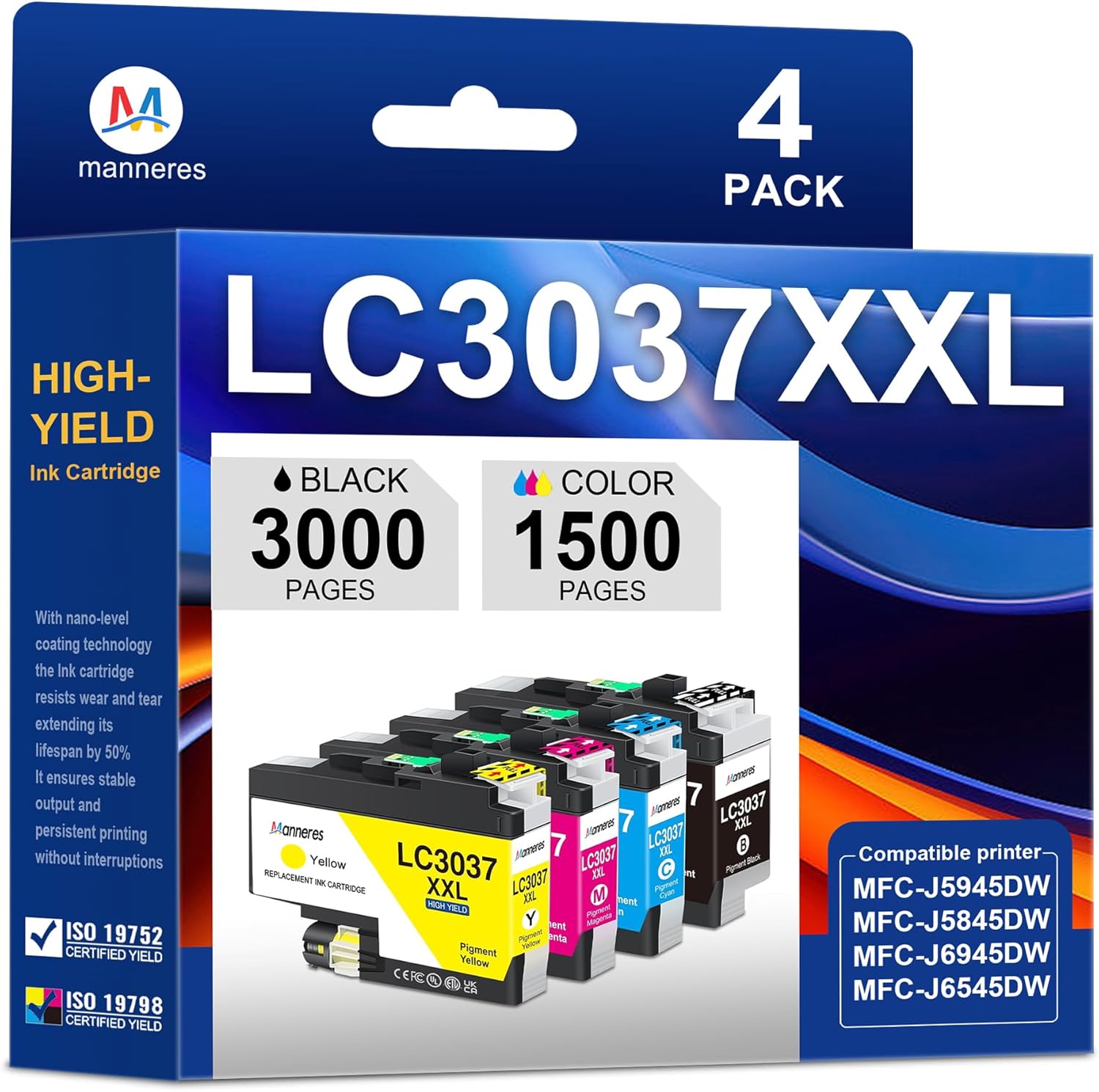 LC3037 LC3037XXL Ink Cartridges 4 Pack Replacement for Brother LC3037XXL with Super High-Yield Work for MFC-J5945DW MFC-J5845DW MFC-J5845DWXL MFC-J6545DW MFC-J6545DWXL MFC-J6945DW Printers