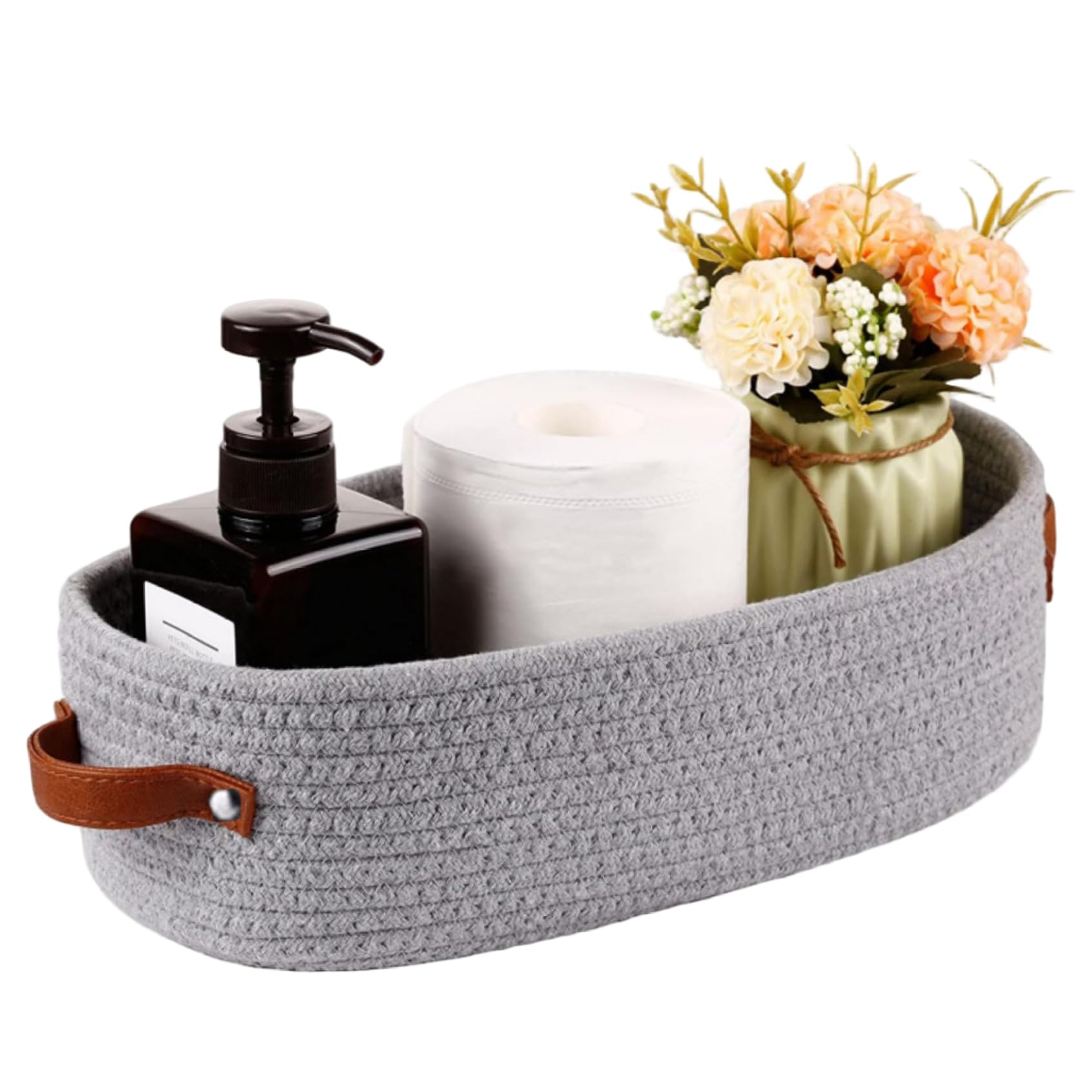Canasta tejida pequeña de algodón gris de 13x6x4 pulgadas con asas para encimera