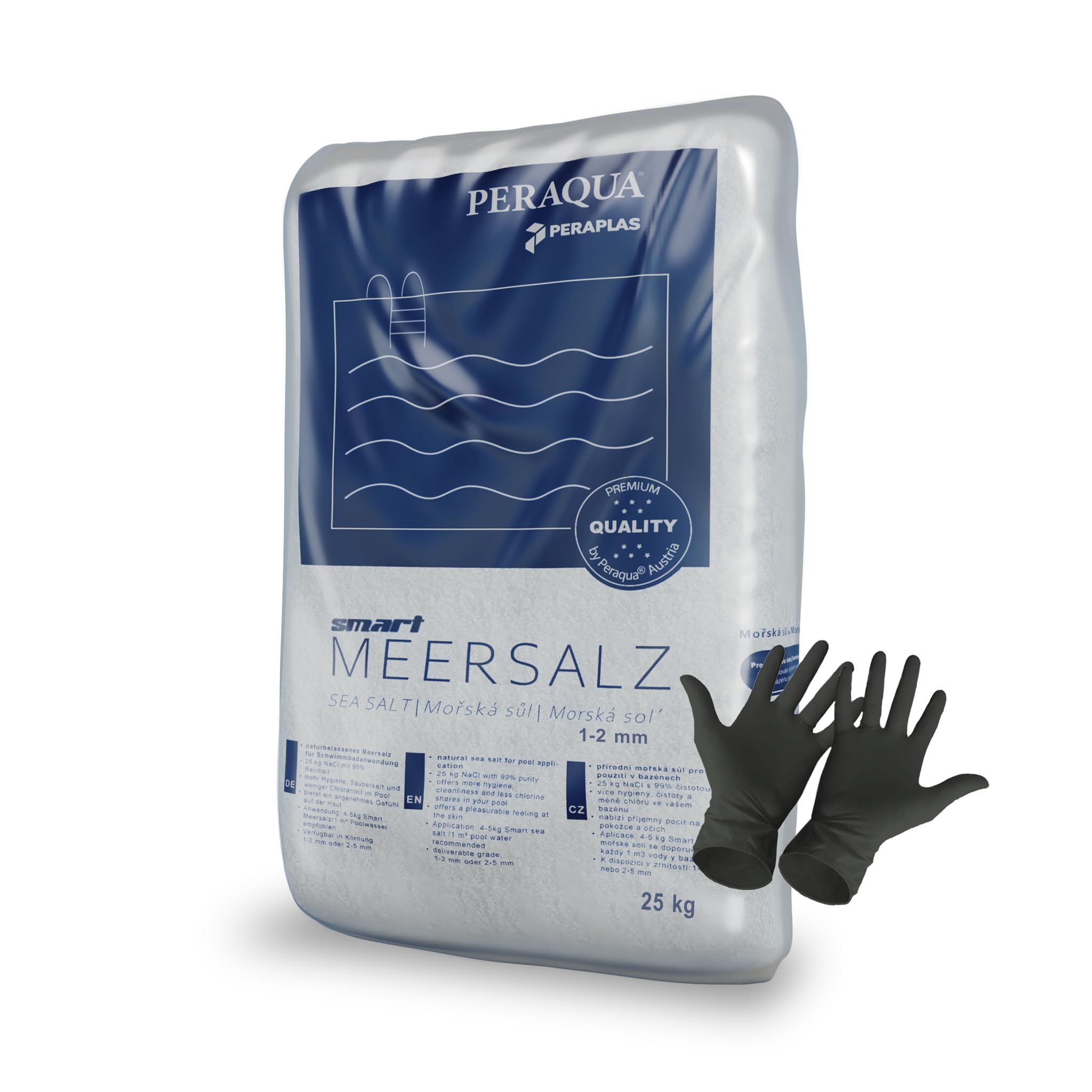 Peraplas Poolsalz 25 kg aus Meersalz, Schwimmbadsalz, Regeneriersalz, Chlorinator geeignet, Salzelektrolyse, Siedesalz inklusiv 1 Paar ARNOMED Einweghandschuh