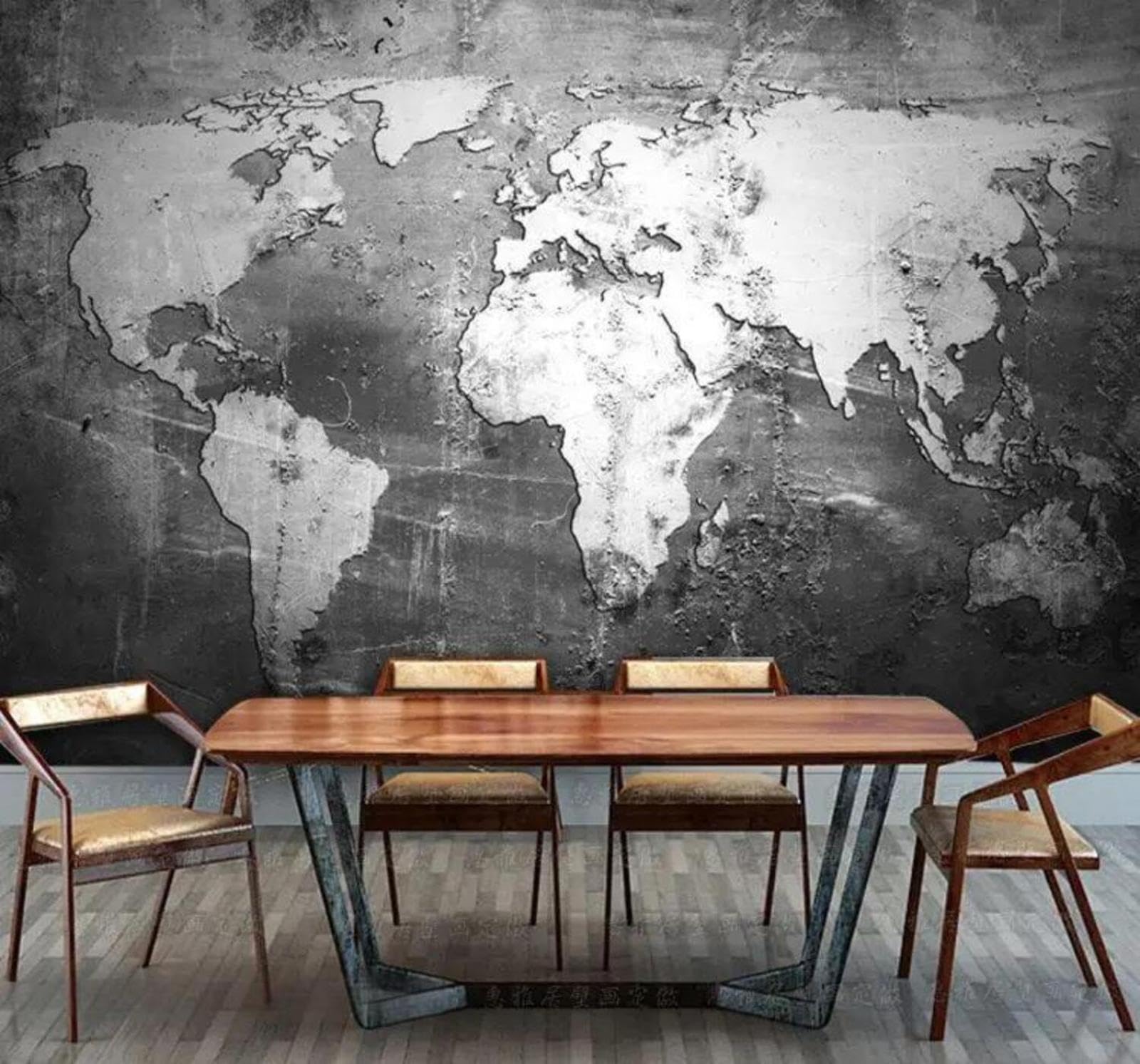 Wallpaper-3D-Xlm 350Cm×256Cm(B×H) Abstract Retro World Map Grey Concrete Wall 3D Wallpaper Easy Install Feature Office Living Room Sofa Bedroom Tv Background Wall Decoration-350Cm×256Cm