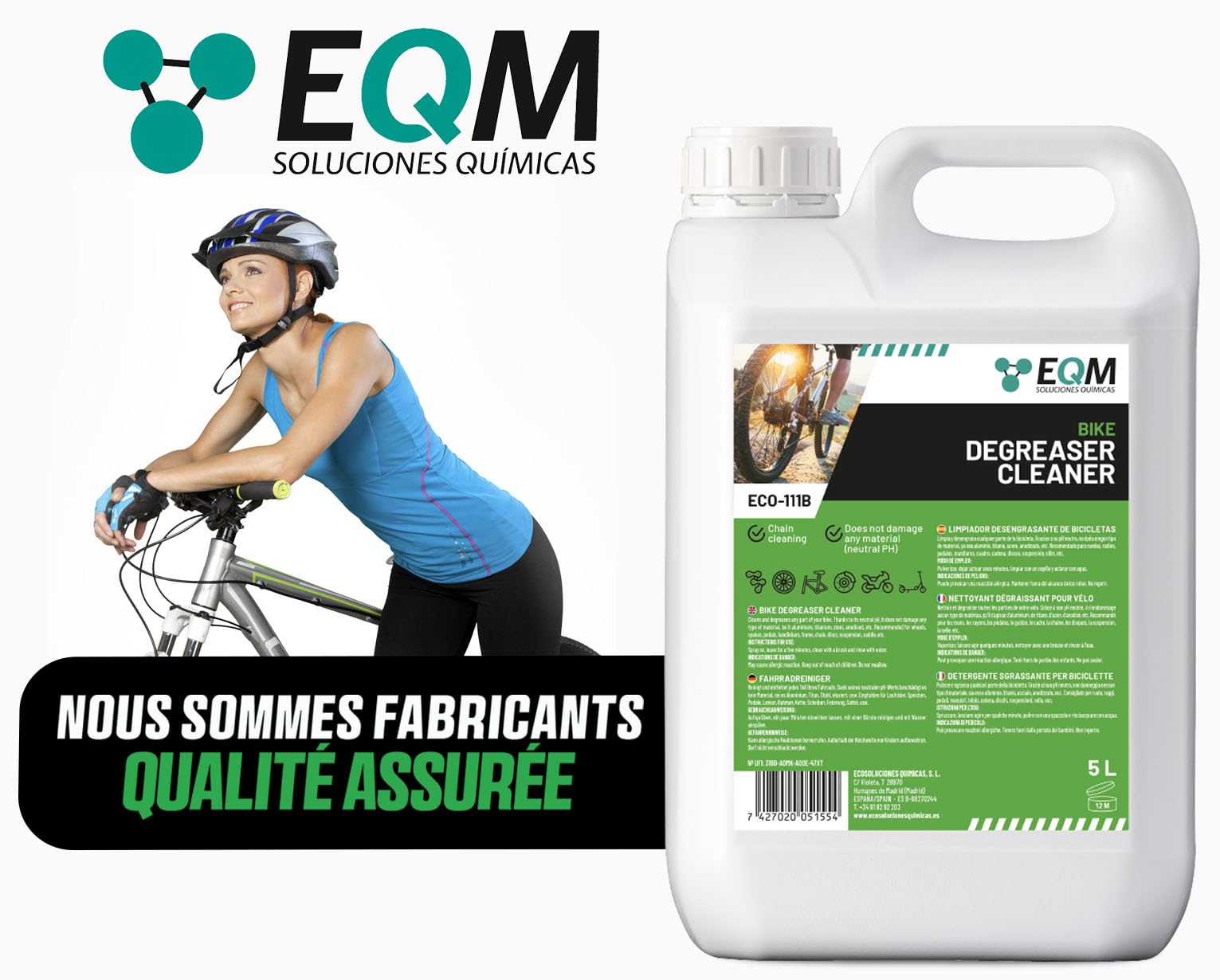 EQM - ECO-111B - Dégraissant pour Vélo - 5L - pH Neutre, Protège Toutes les Pièces - Dégraissant pour Chaînes