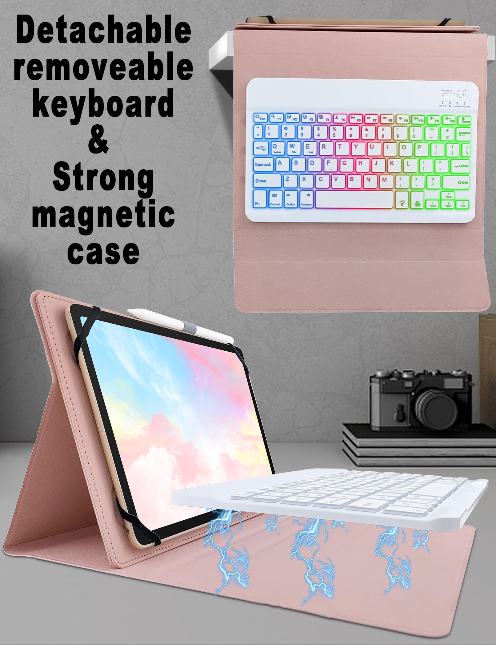 Funda universal con teclado para tabletas de 9.7, 10.1, 10.2, 10.5, 11.9 y 11 pulgadas, teclado extraíble retroiluminado arcoíris de 7 colores con soporte para bolígrafo para tablet Android
