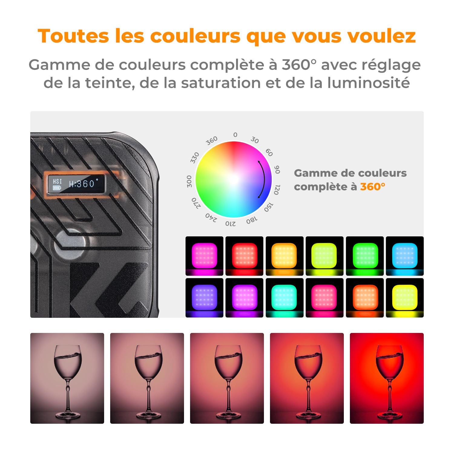 K&F CONCEPT Lampe Vidéo RGB, Lampe Photo Portable à 360°, 21 Effets Lumineux, 2500K-9900K CRI 96+, pour Vlogging,Selfie,Photographie Main à la Main,Noir