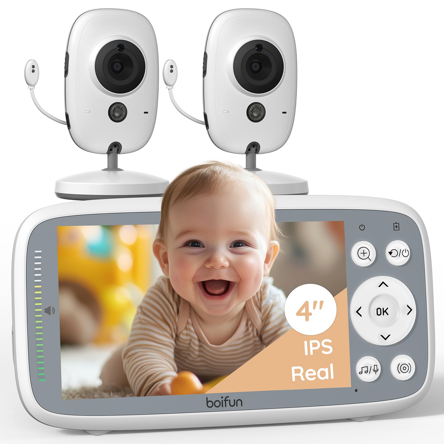 BOIFUN 4" Vigilabebes con 2 Camaras, 720P, Zoom 3X, Visión Nocturna Infrarroja Invisible, Modo Eco (VOX), Barra de Volumen, Pantalla IPS, No Requiere WiFi